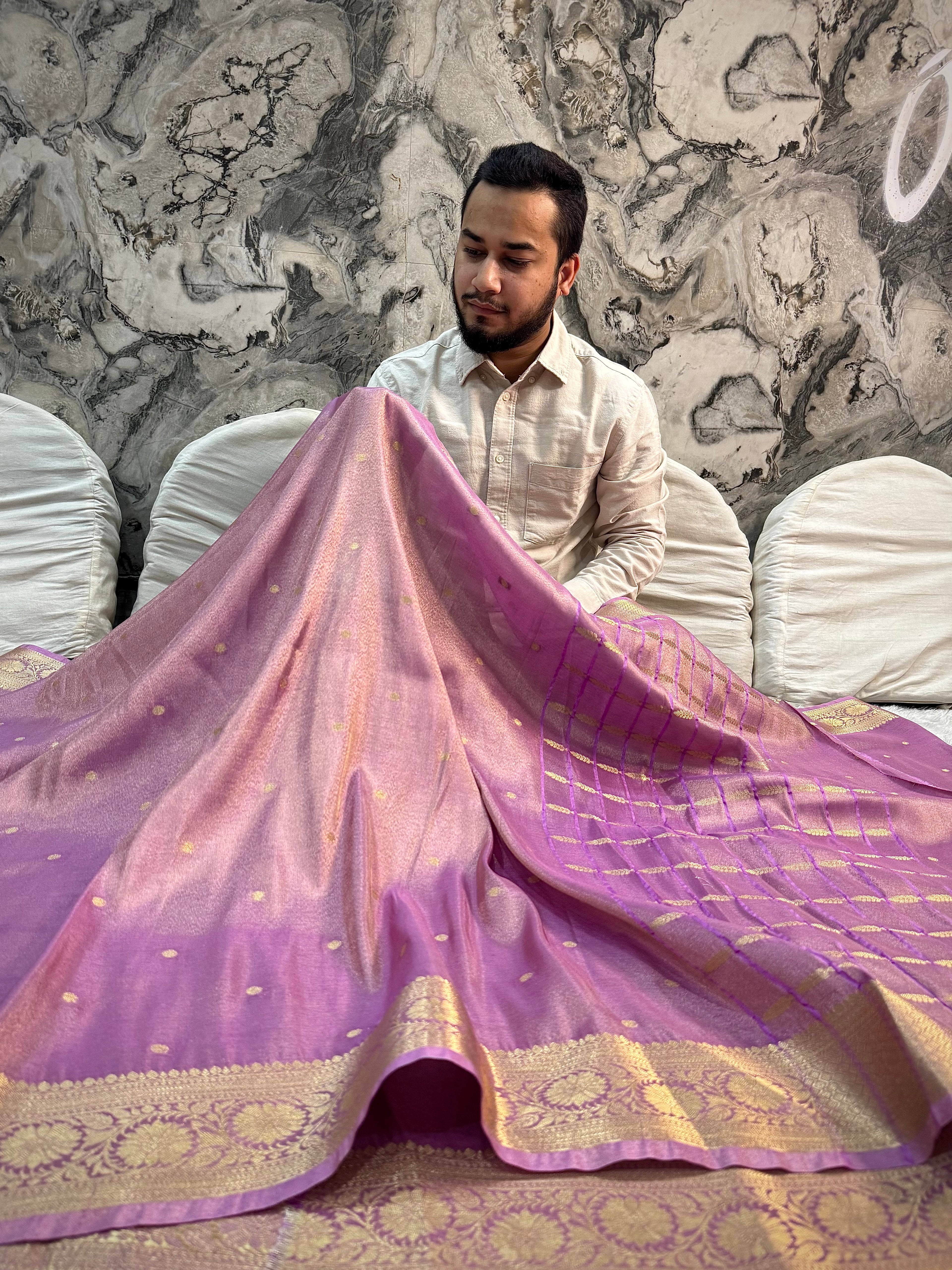 PREMIUM LILAC PINK SHADE SOFT KATAN TISSUE SILK BANARASI SAREE