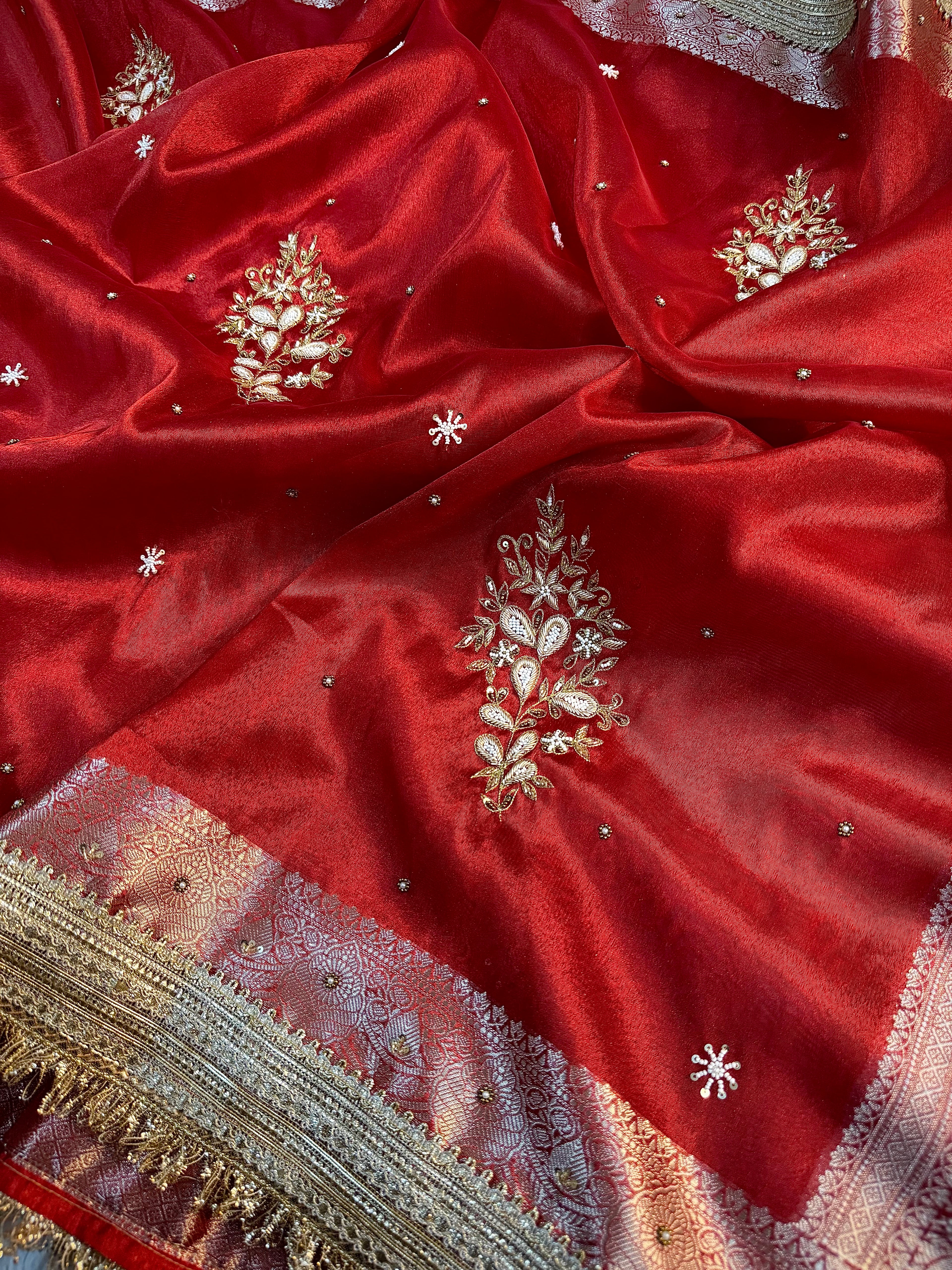 LUXURIOUS BRIDAL RED SHADE SOFT TISSUE SILK WITH PREMIUM ZARDOZI AND LACE WORK