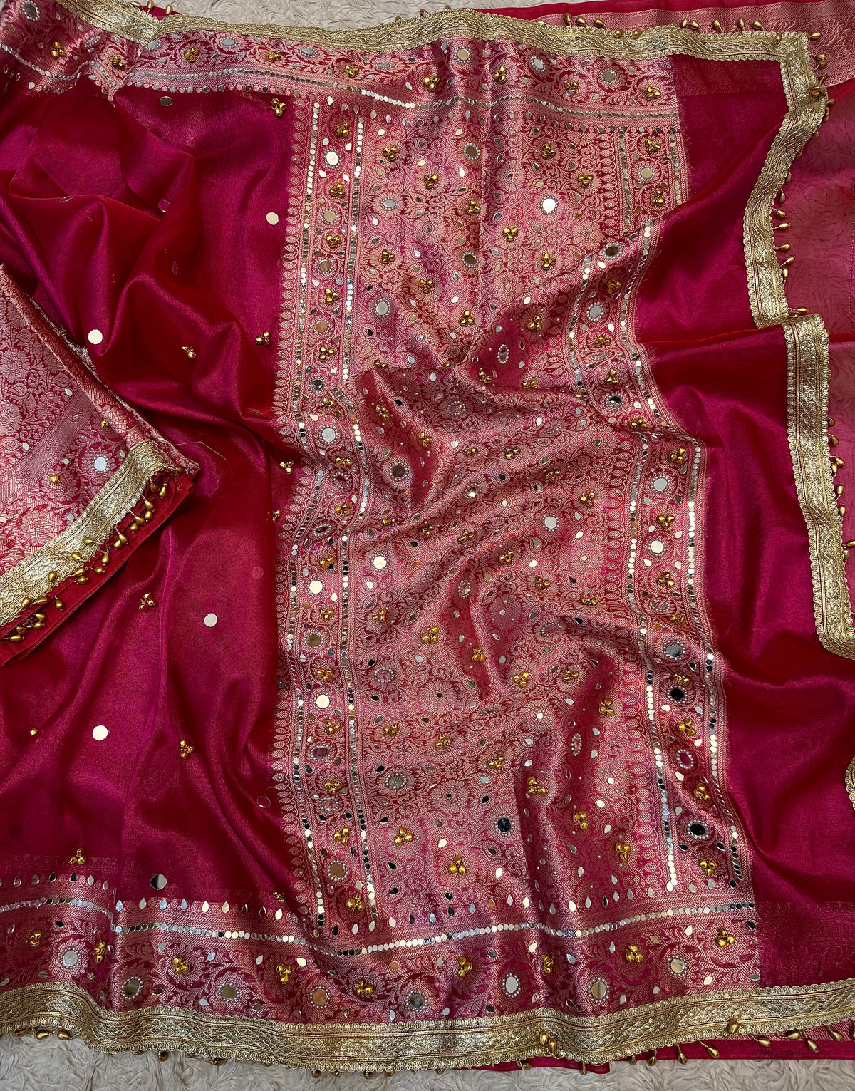 PREMIUM HOT RANI SHADE SOFT BANARASI TISSUE SILK GHUNGROO WORK WITH MIRROR WORK DESIGNER SAREE