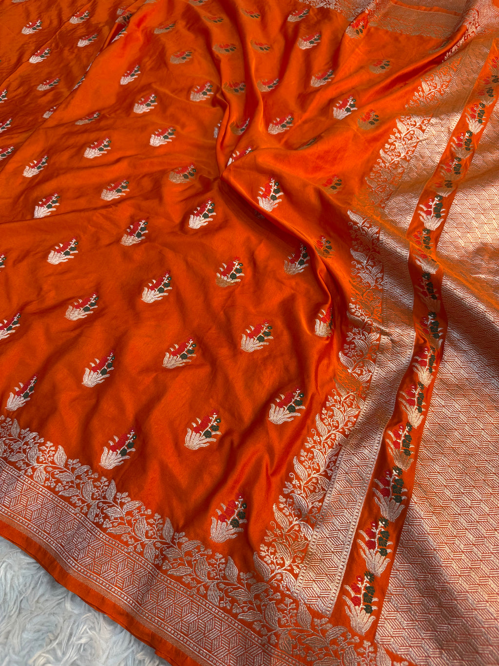PREMIUM ORANGE SHADE SATIN MASHRU KATAN SILK SAREE