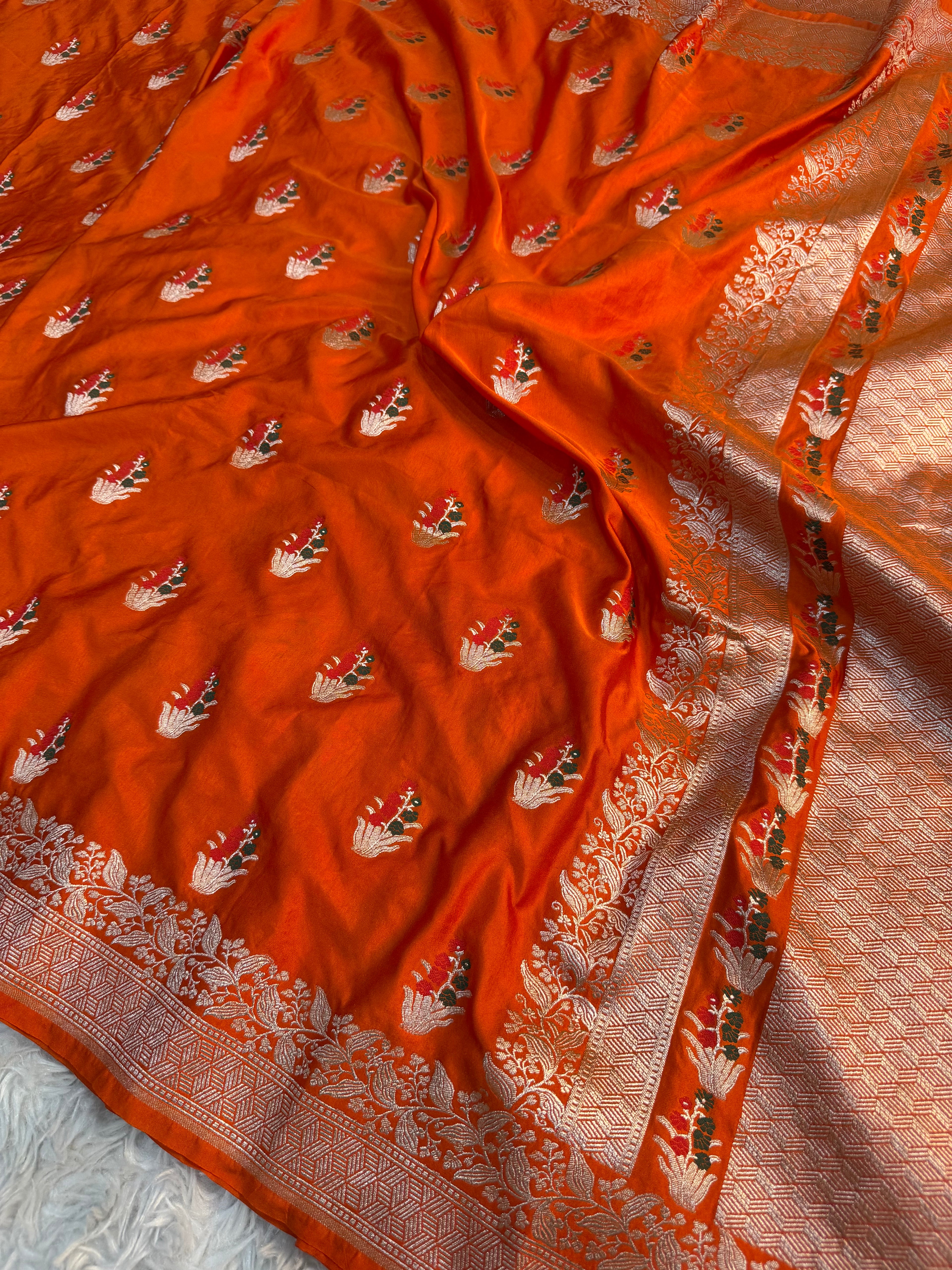 PREMIUM ORANGE SHADE SATIN MASHRU KATAN SILK SAREE
