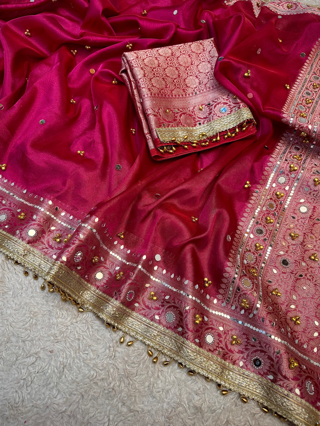 PREMIUM HOT RANI SHADE SOFT BANARASI TISSUE SILK GHUNGROO WORK WITH MIRROR WORK DESIGNER SAREE