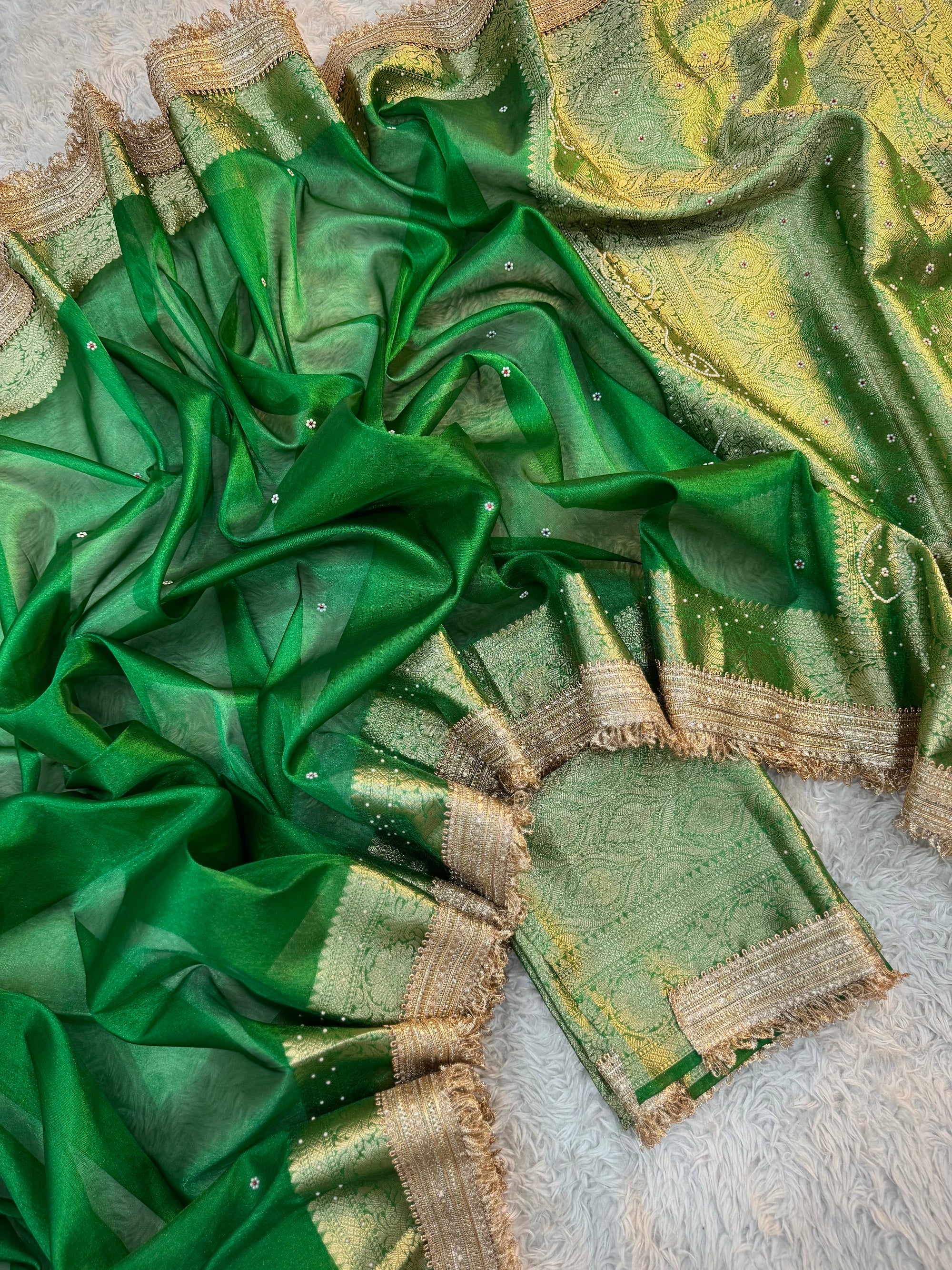 PREMIUM EMERALD GREEN SHADE SOFT TISSUE SILK SAREE WITH LACE ATTACHED
