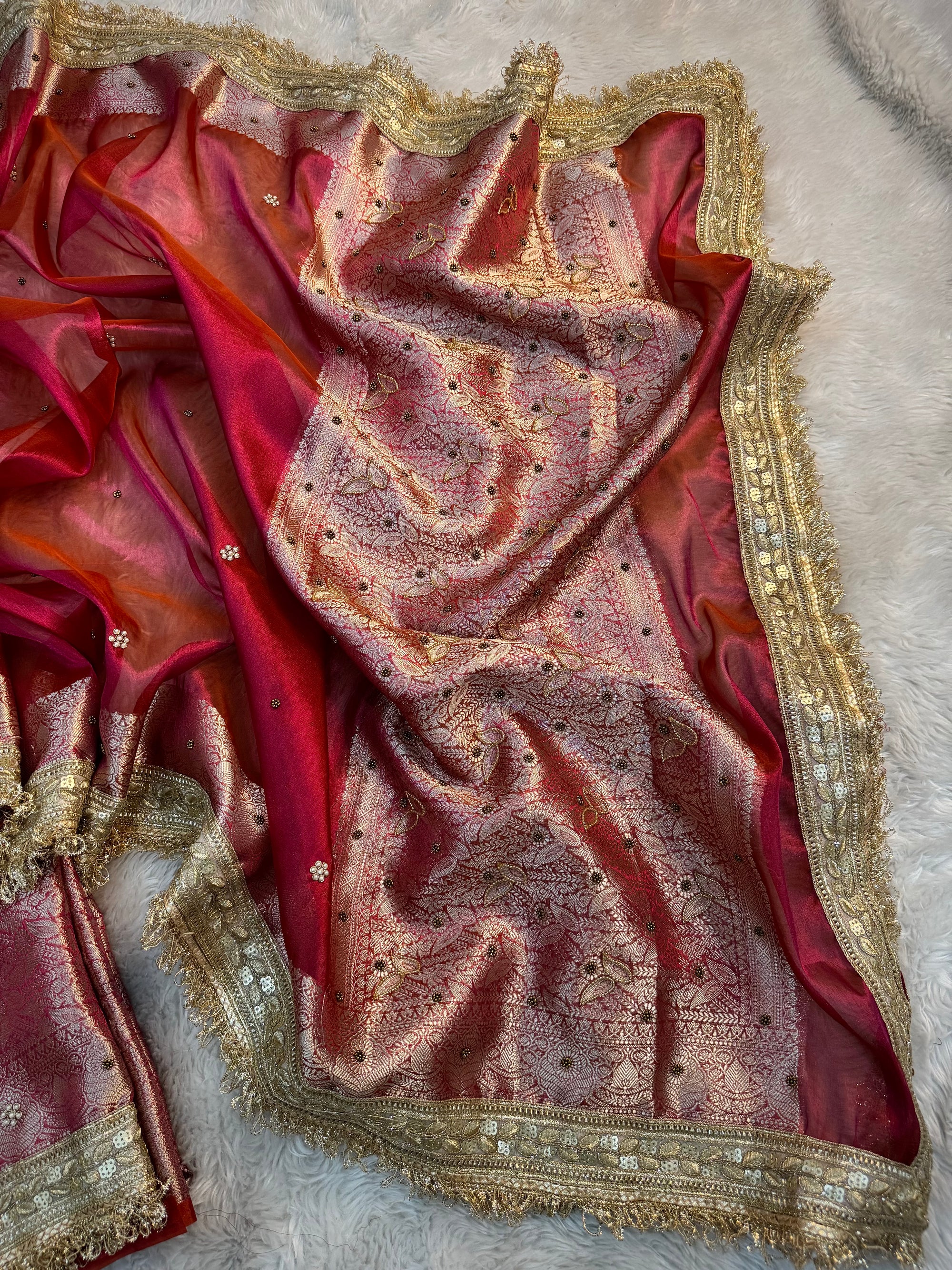 LUXURIOUS ORANGE PINK SHADE SOFT TISSUE SILK WITH PREMIUM HAND EMBROIDERY AND LACE WORK