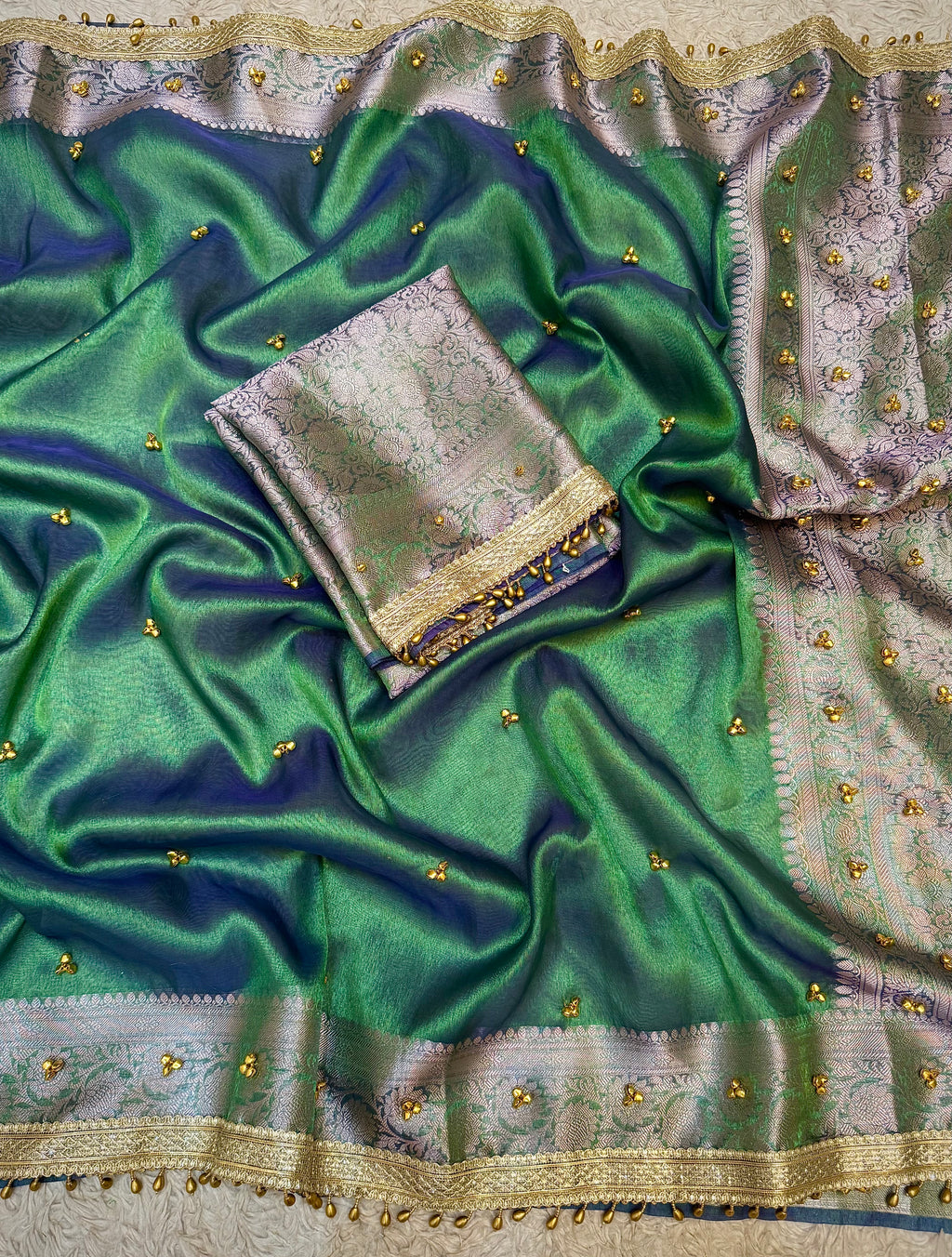 PREMIUM PEACOCK SHADE GHUNGROO WORK SOFT BANARASI TISSUE SILK DESIGNER SAREE