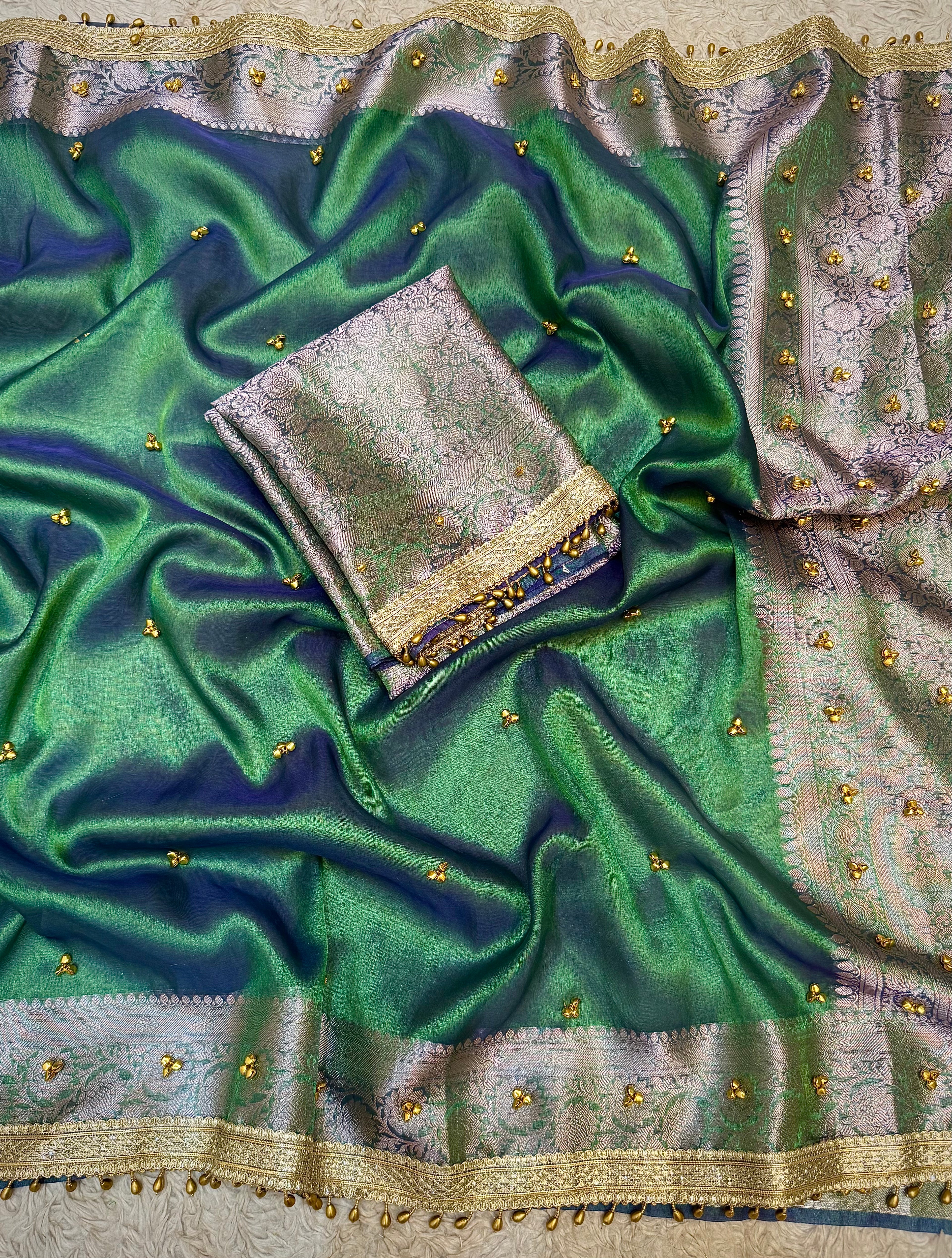 PREMIUM PEACOCK SHADE GHUNGROO WORK SOFT BANARASI TISSUE SILK DESIGNER SAREE