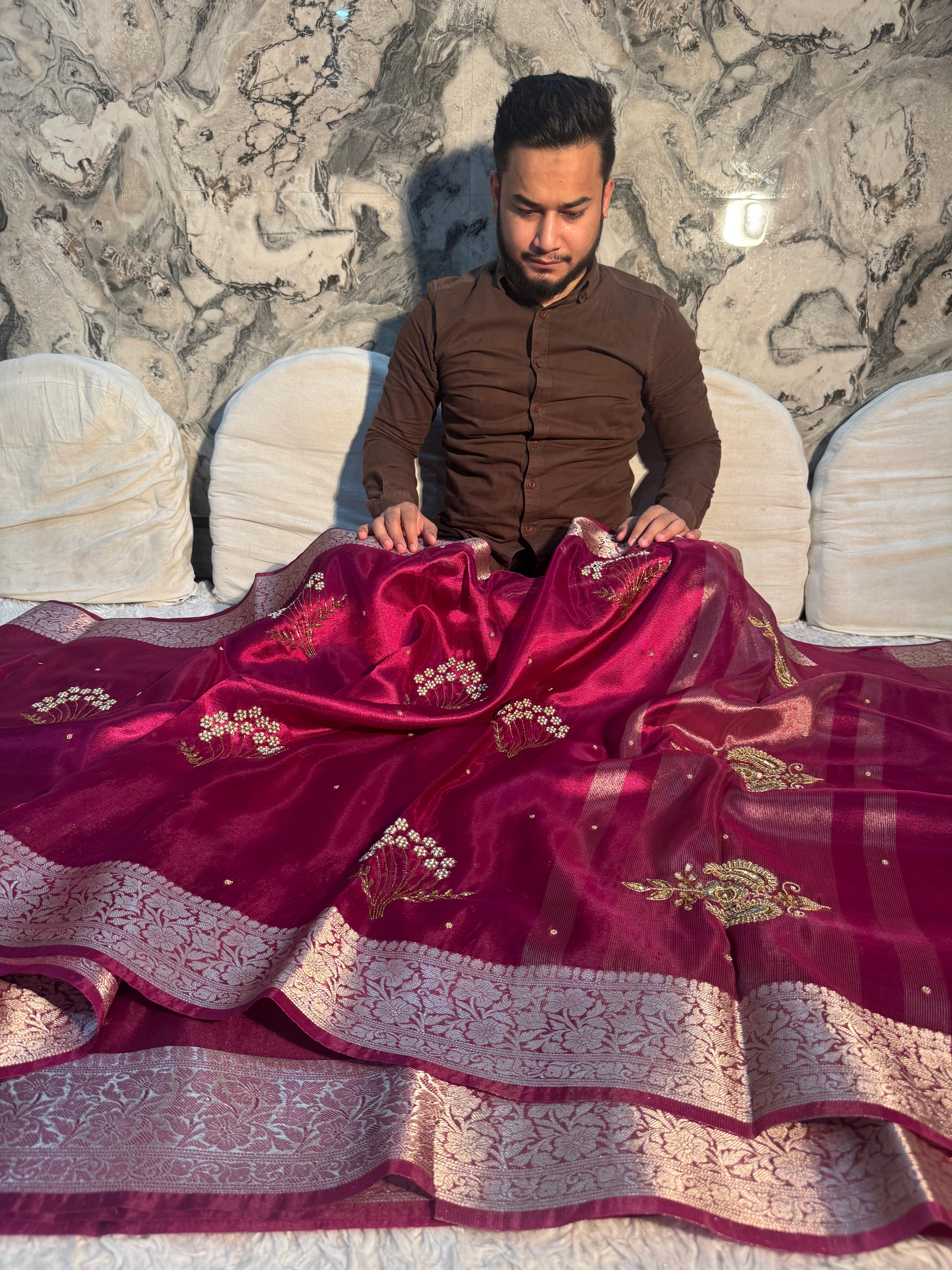 LUXURIOUS WINE SHADE SOFT TISSUE SILK WITH PREMIUM ZARDOZI AND LACE WORK