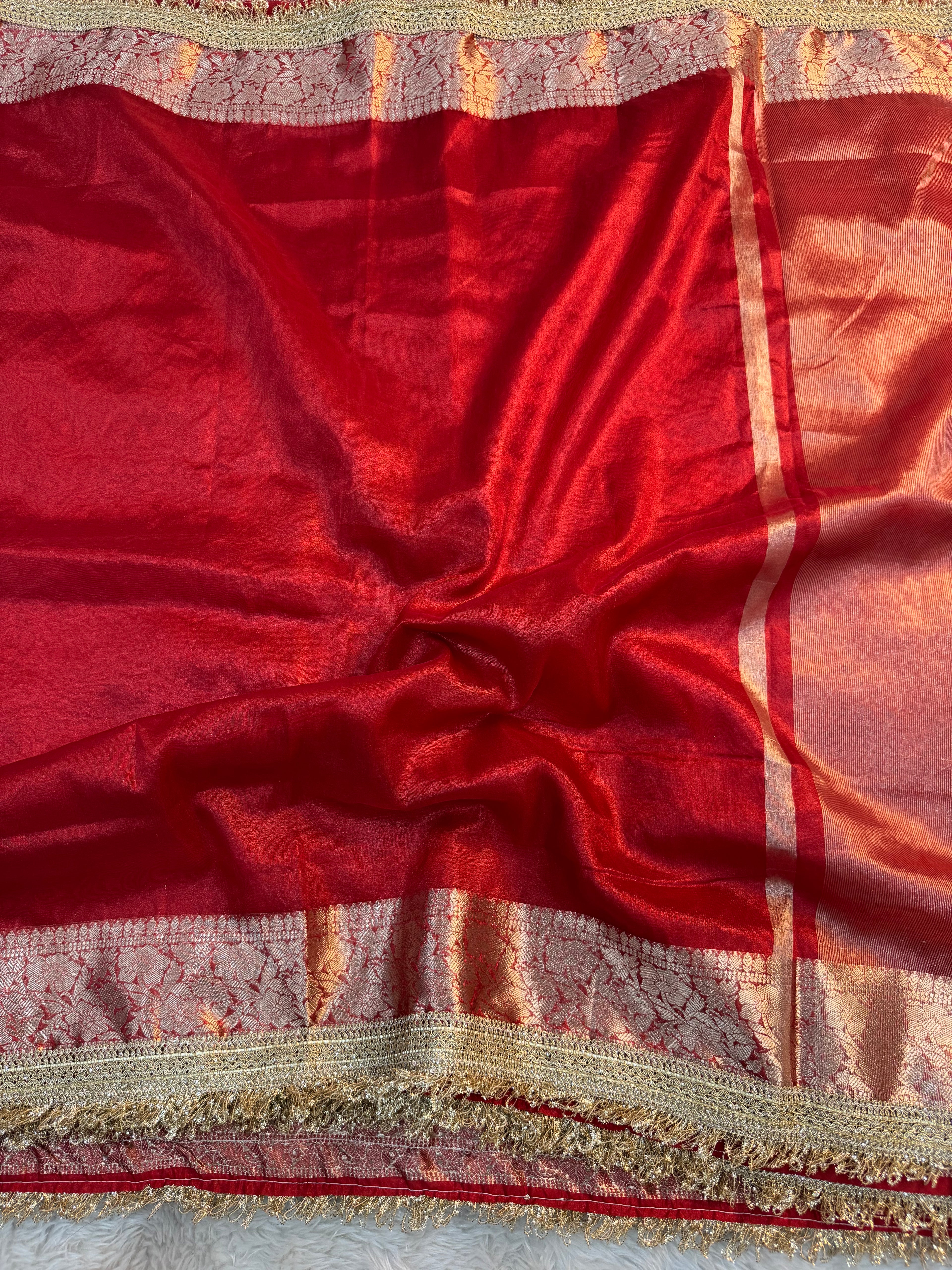 PREMIUM RED SHADE SOFT TISSUE SILK SAREE WITH LACE ATTACHED
