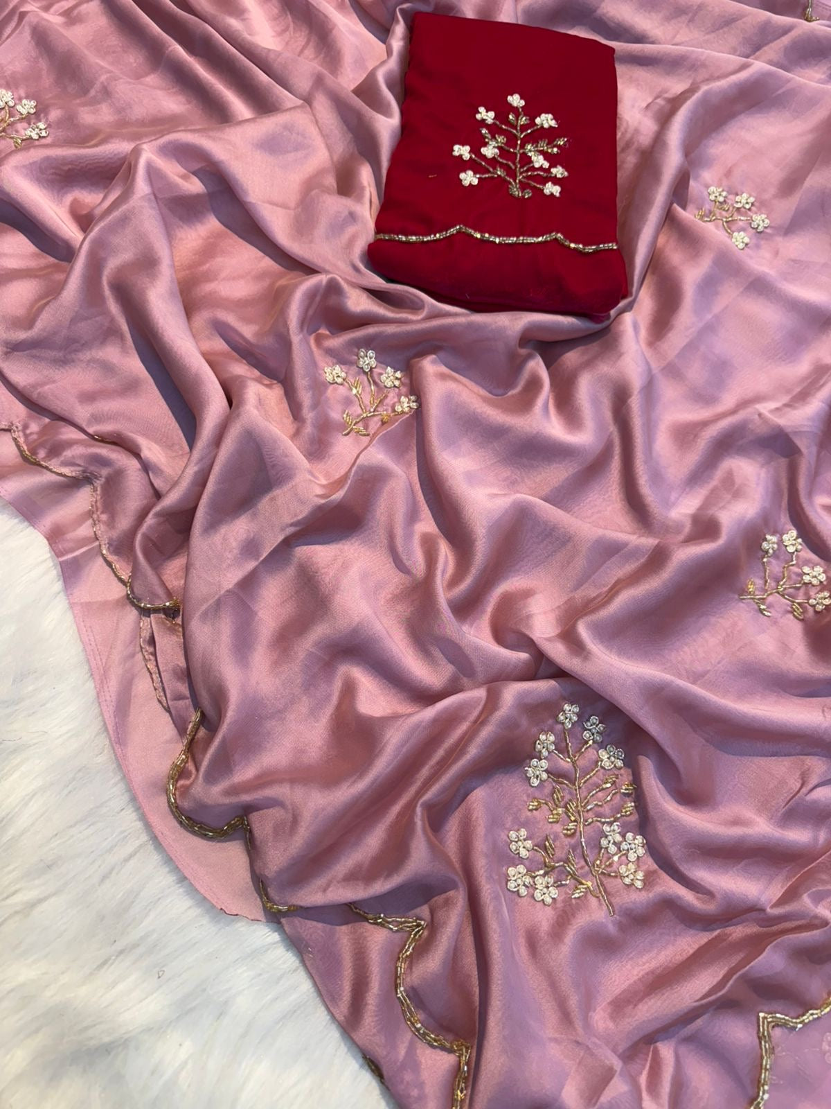 LUXURIOUS PINK CREPE SILK CUTDANA ZARDOZI WORK ALL OVER BODY AND BORDER