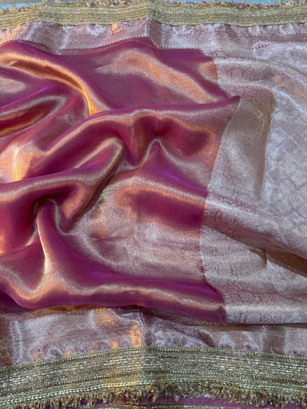 LUXURIOUS PINK SHADE SOFT PURE TISSUE SILK SAREE WITH BEAUTIFUL LACE ATTACHED