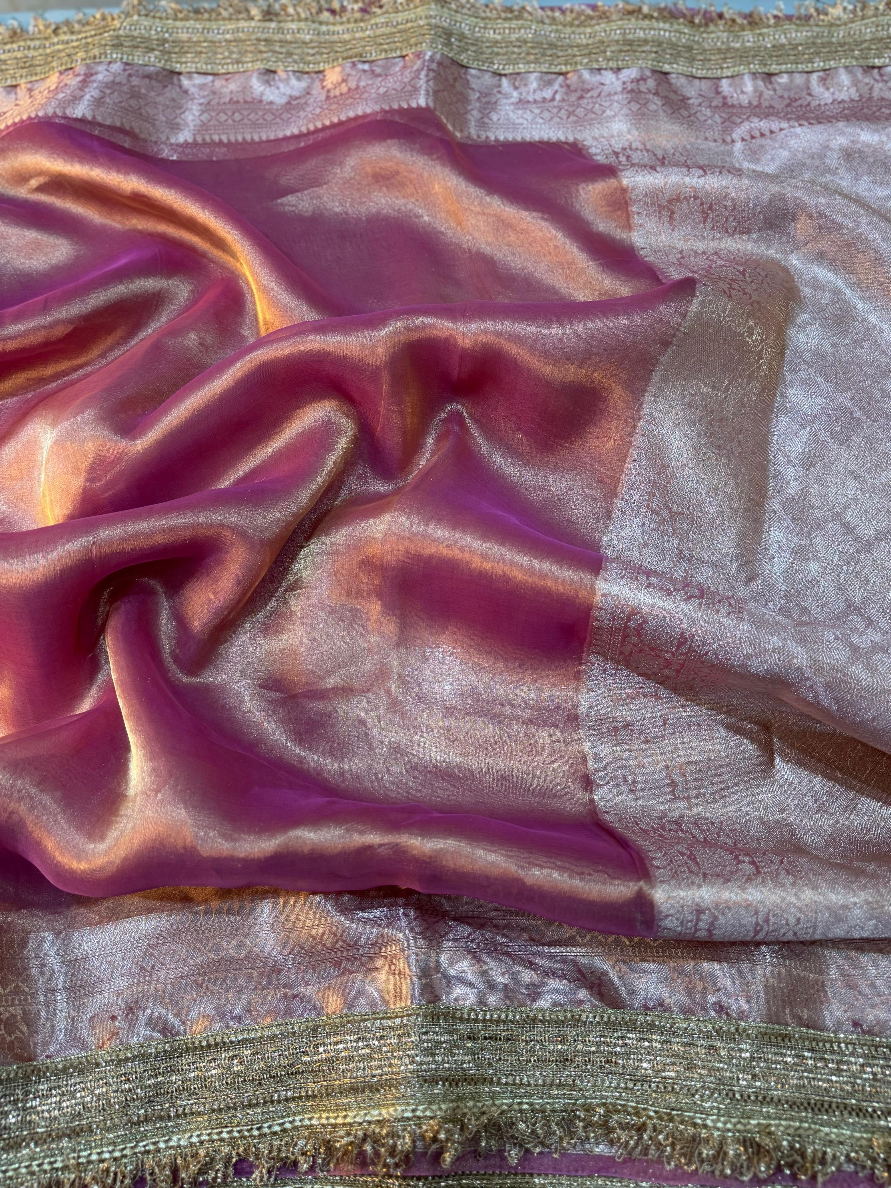 LUXURIOUS PINK SHADE SOFT PURE TISSUE SILK SAREE WITH BEAUTIFUL LACE ATTACHED