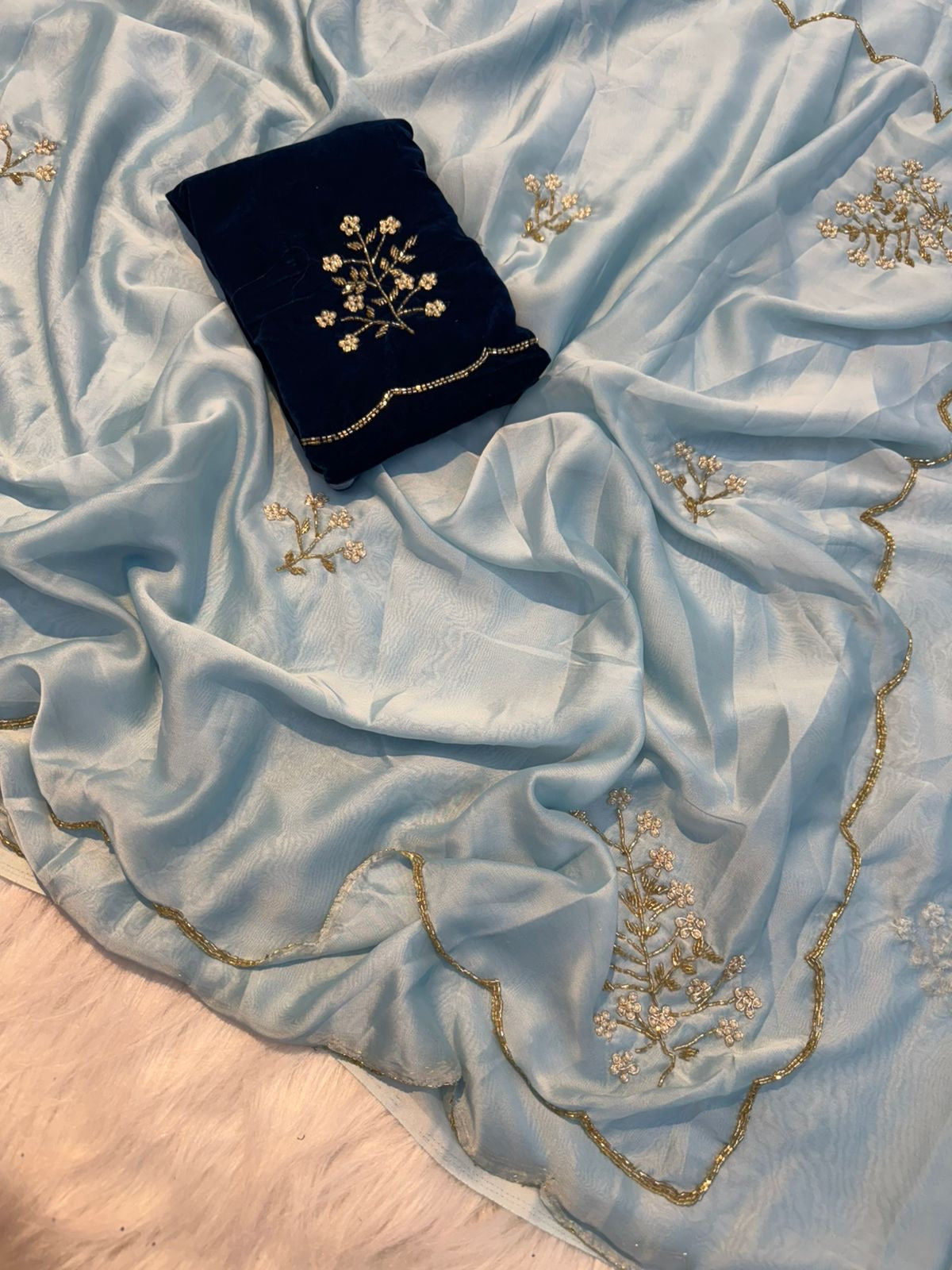 LUXURIOUS POWDER BLUE CREPE SILK CUTDANA ZARDOZI WORK ALL OVER BODY AND BORDER