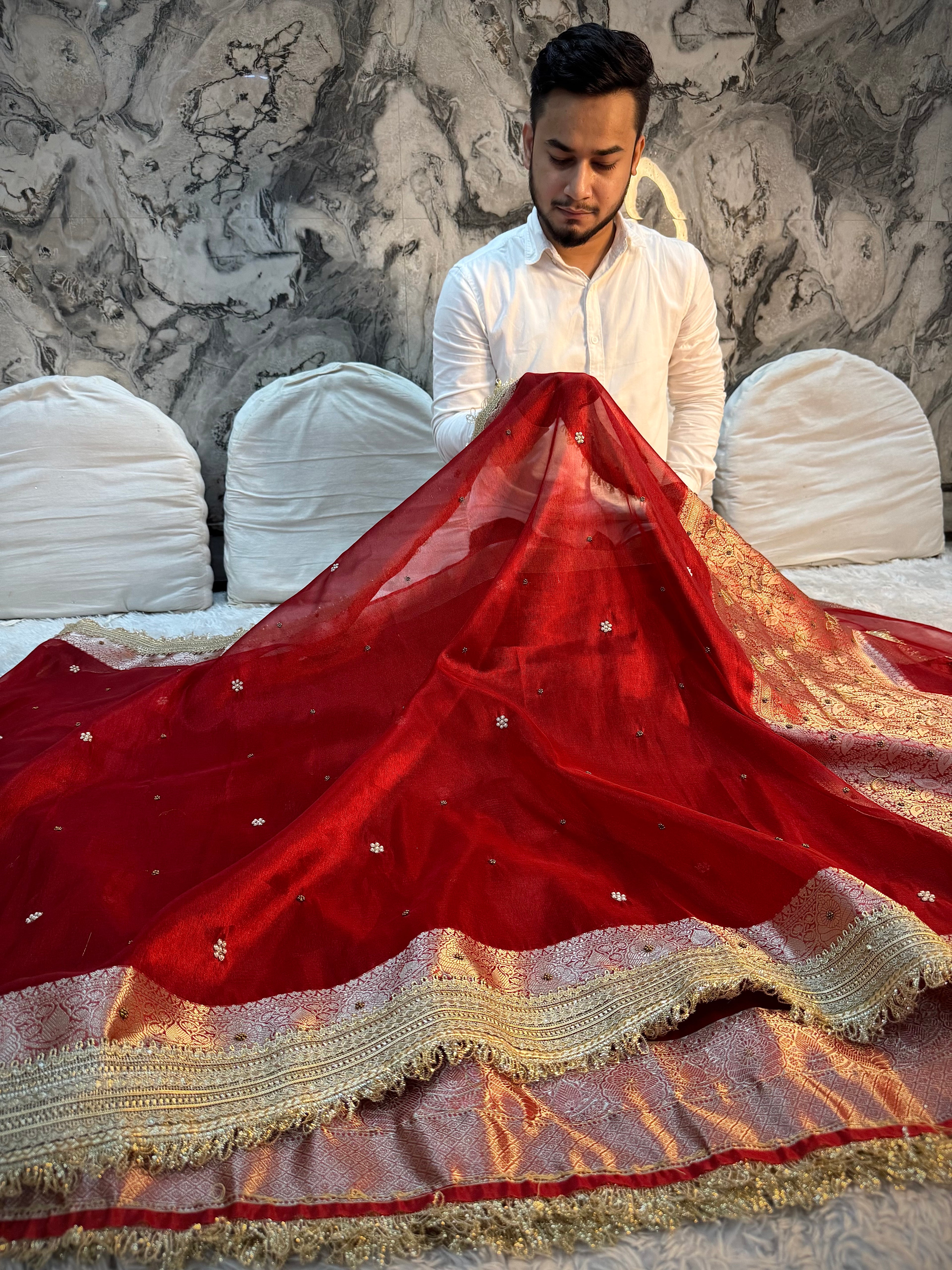 LUXURIOUS BRIDAL RED SHADE SOFT TISSUE SILK WITH PREMIUM HAND EMBROIDERY AND LACE WORK