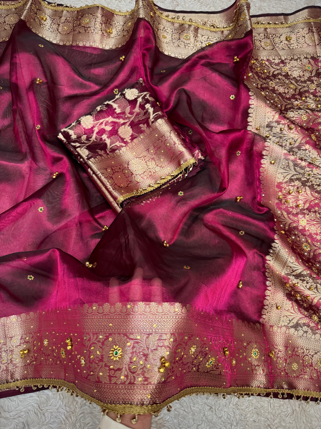 PREMIUM WINE SHADE GHUNGROO WORK SOFT BANARASI TISSUE SILK DESIGNER SAREE