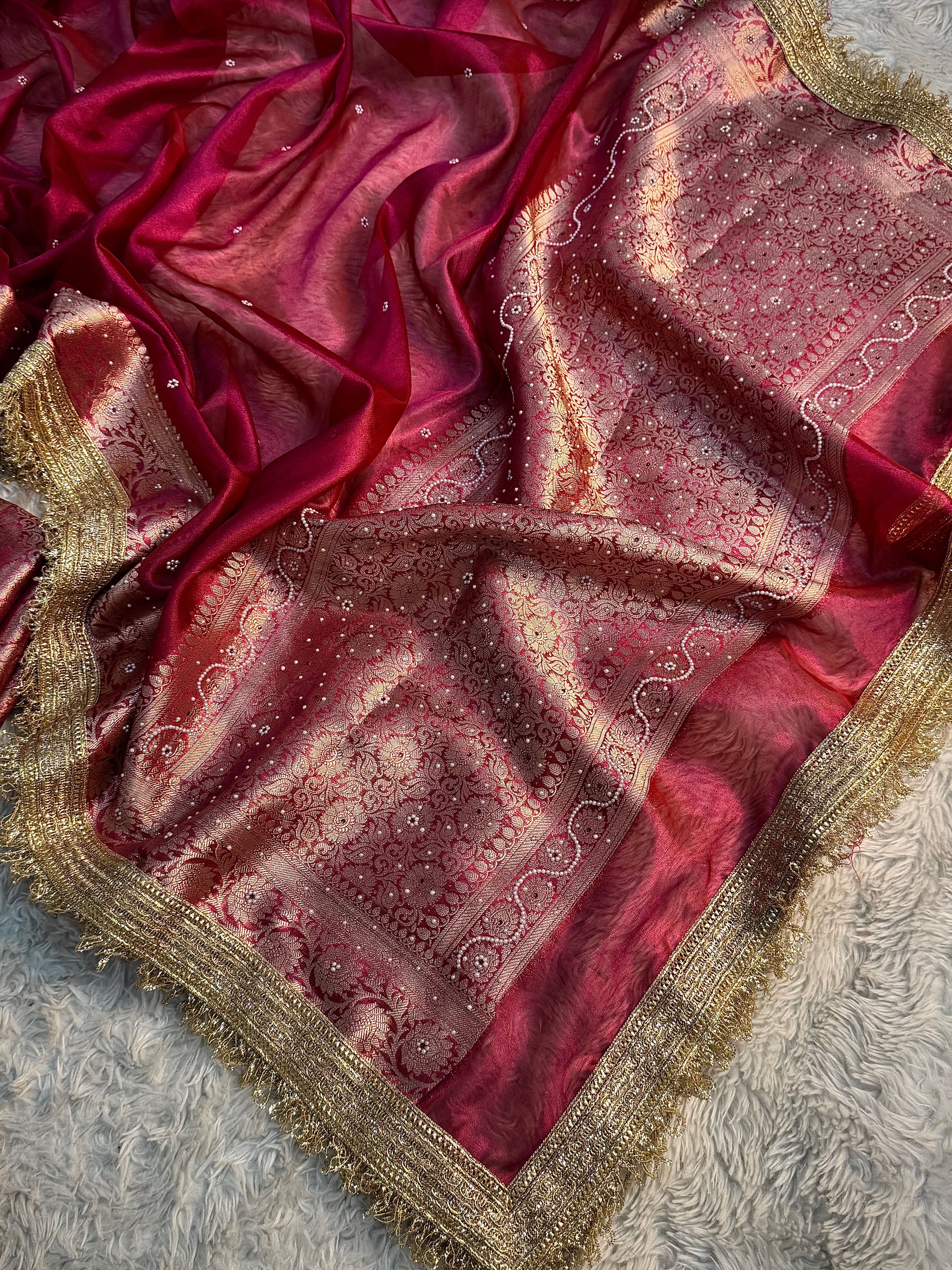 EXCLUSIVE HOT RANI SHADE SOFT TISSUE SILK SAREE DESIGNER HAND STONE WORK WITH LACE ATTACHED