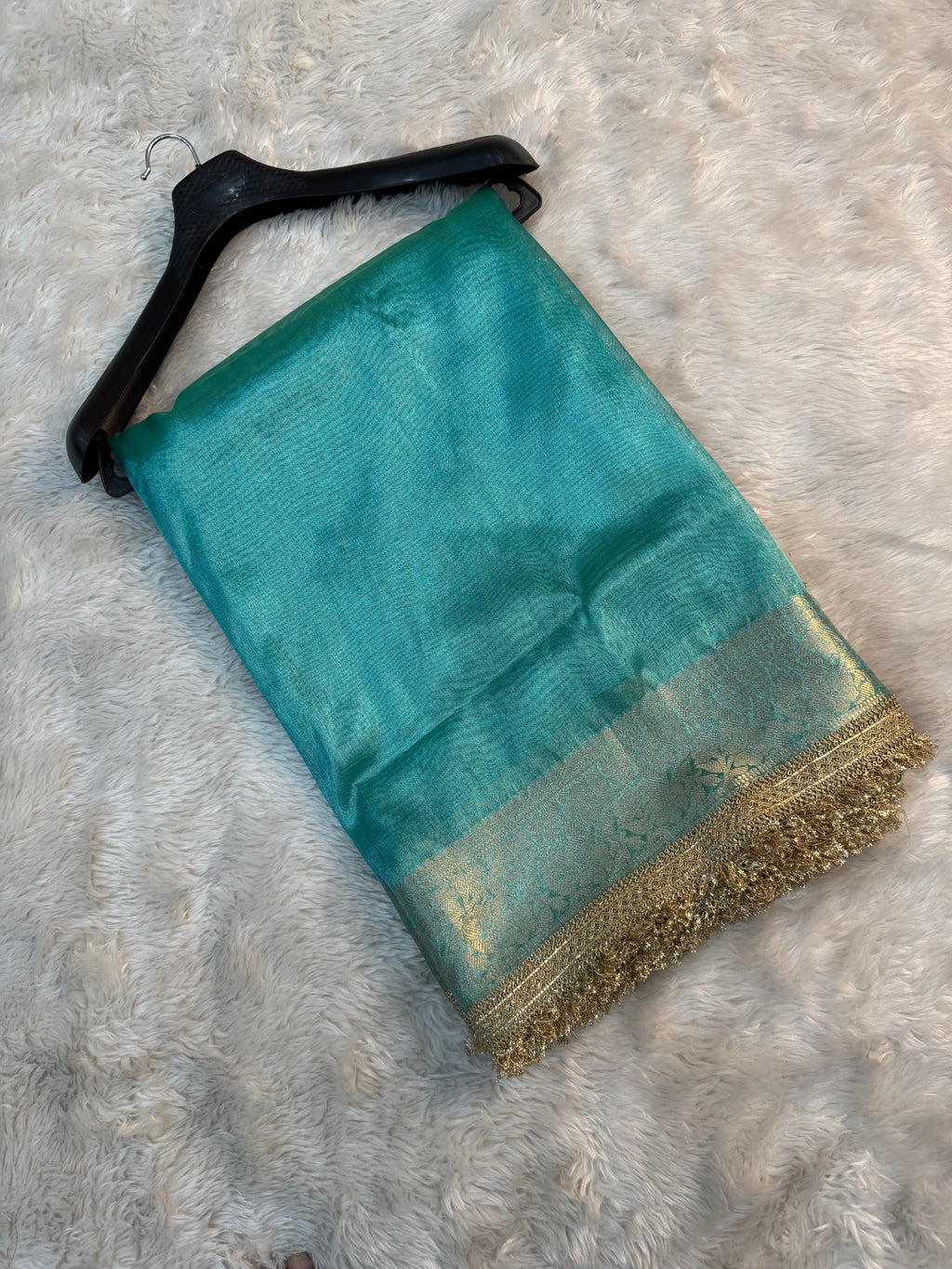 PREMIUM SEA GREEN SHADE SOFT TISSUE SILK SAREE WITH LACE ATTACHED