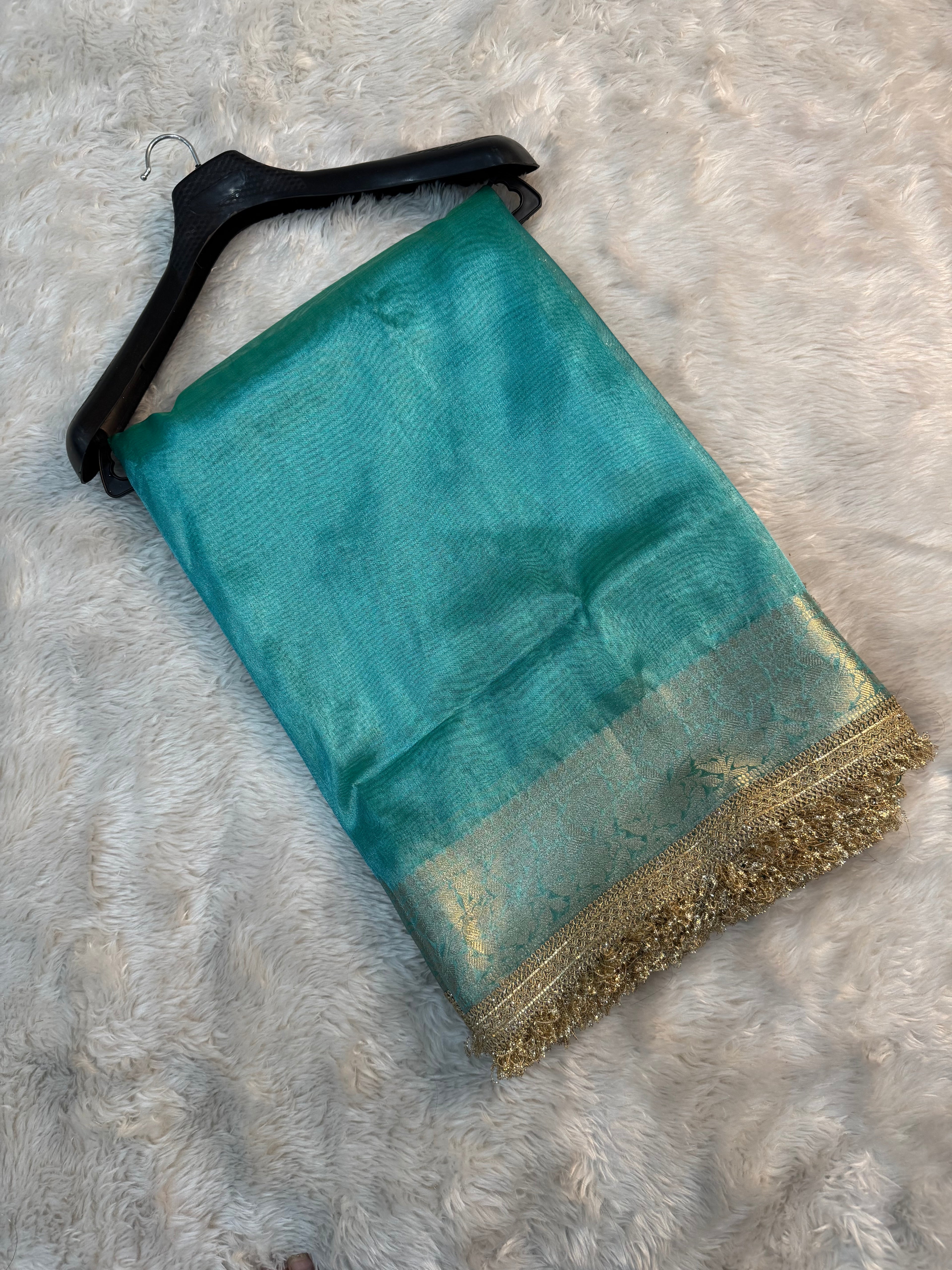 PREMIUM SEA GREEN SHADE SOFT TISSUE SILK SAREE WITH LACE ATTACHED