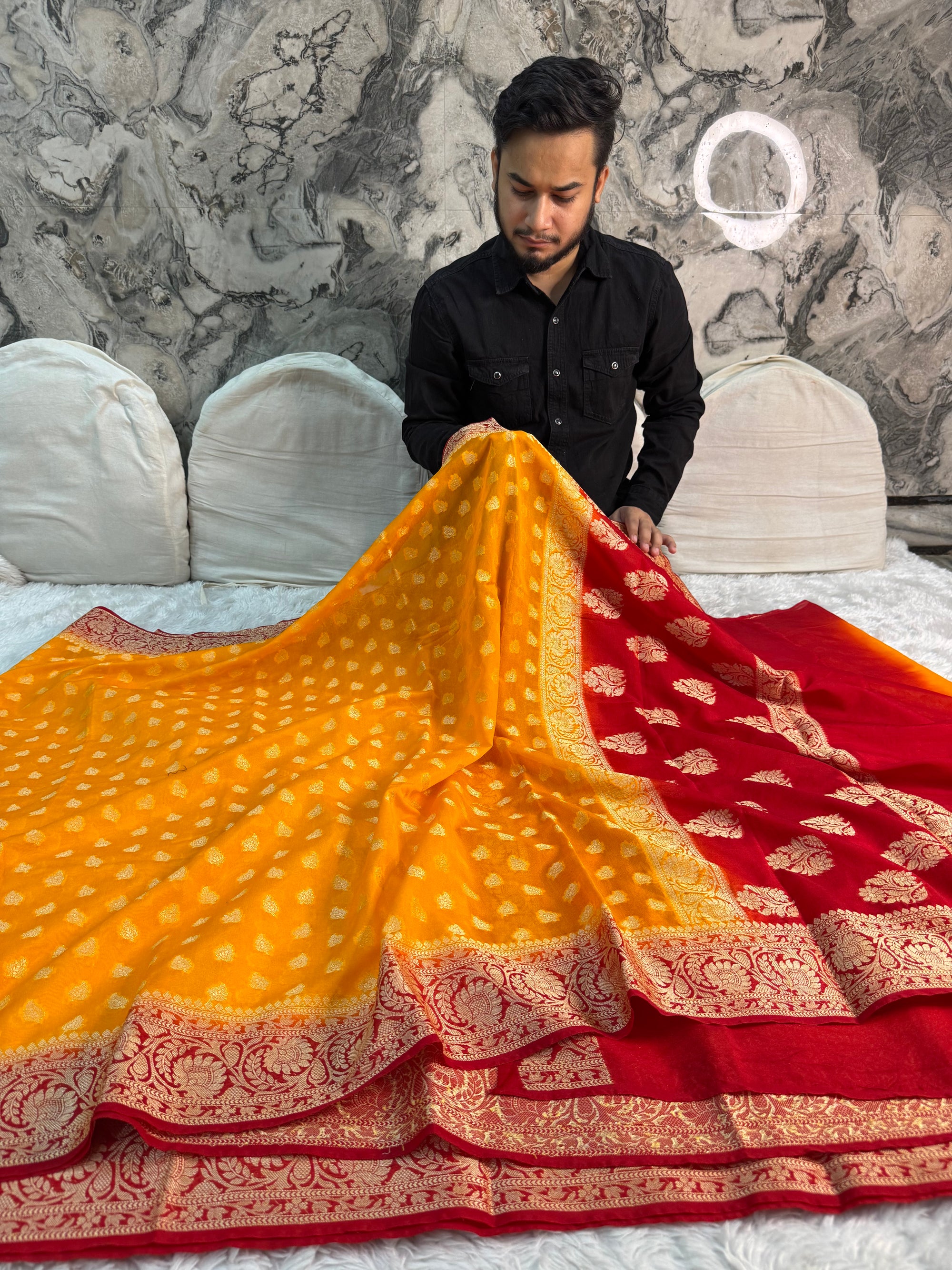 YELLOW AND RED SHADE GEORGETTE BANARASI SAREE