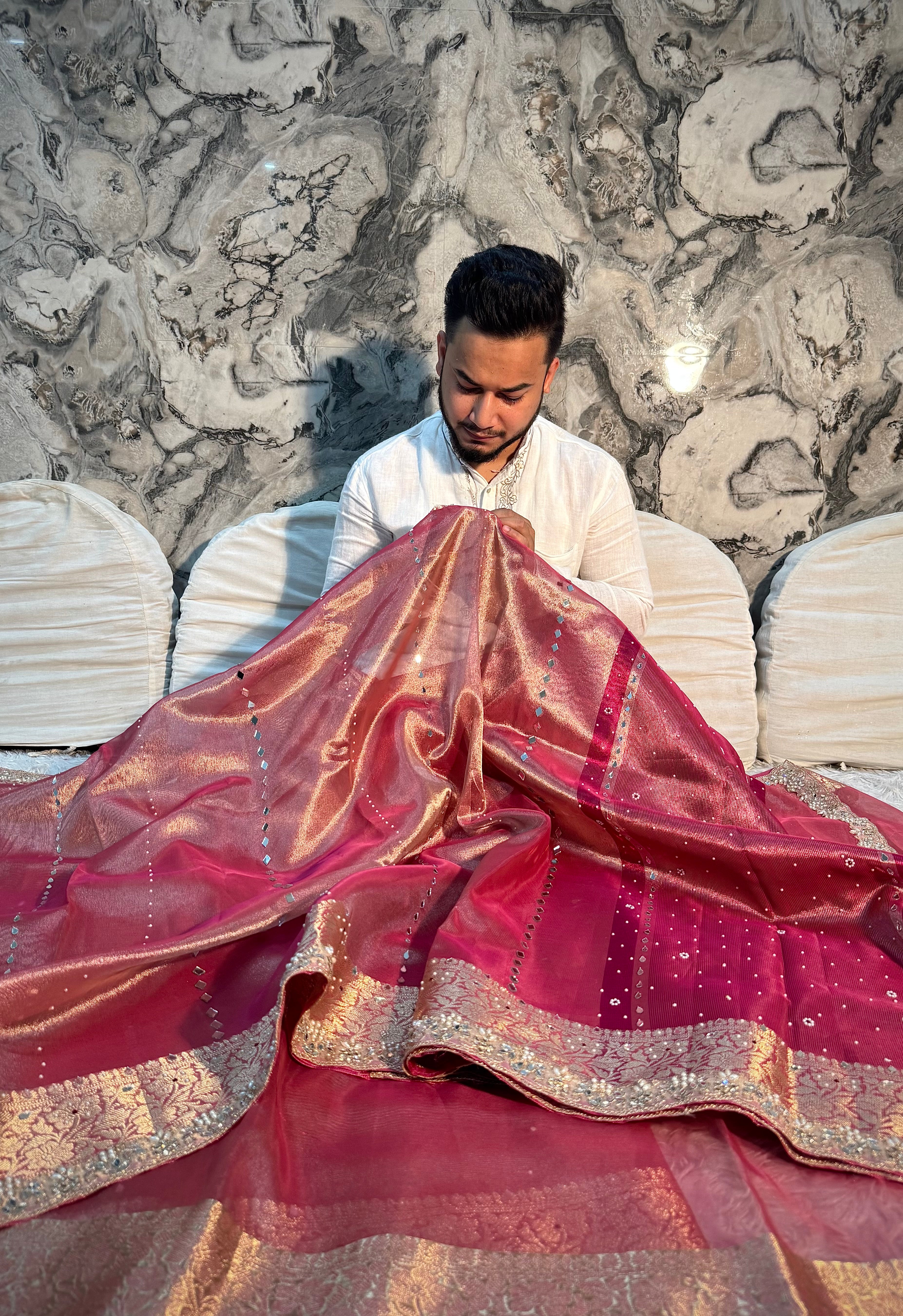 STONE WORK+MIRROR WORK MAUVE PINK SOFT TISSUE SILK DESIGNER SAREE