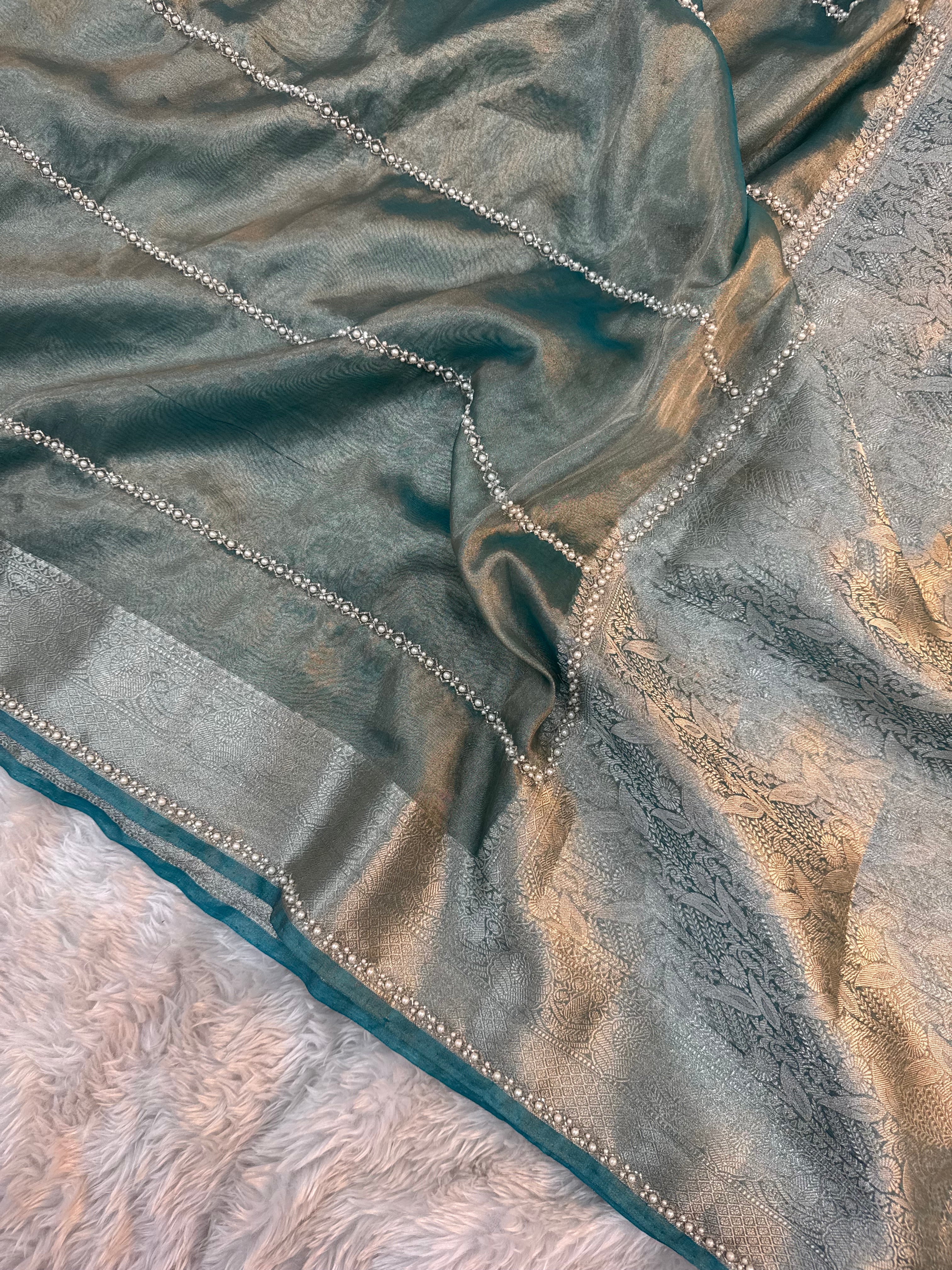 LUXURIOUS AQUA BLUE SHADE SOFT TISSUE SILK WITH PREMIUM ZARDOZI AND LACE WORK