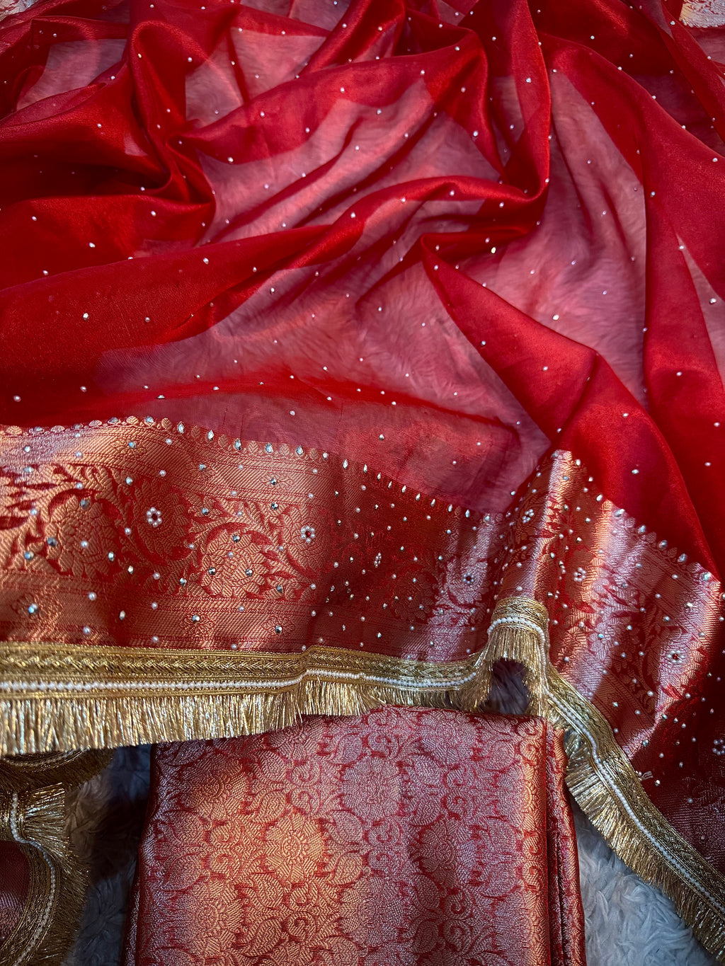 PREMIUM BRIDAL RED SOFT TISSUE SILK STONE WORK DESIGNER SAREE