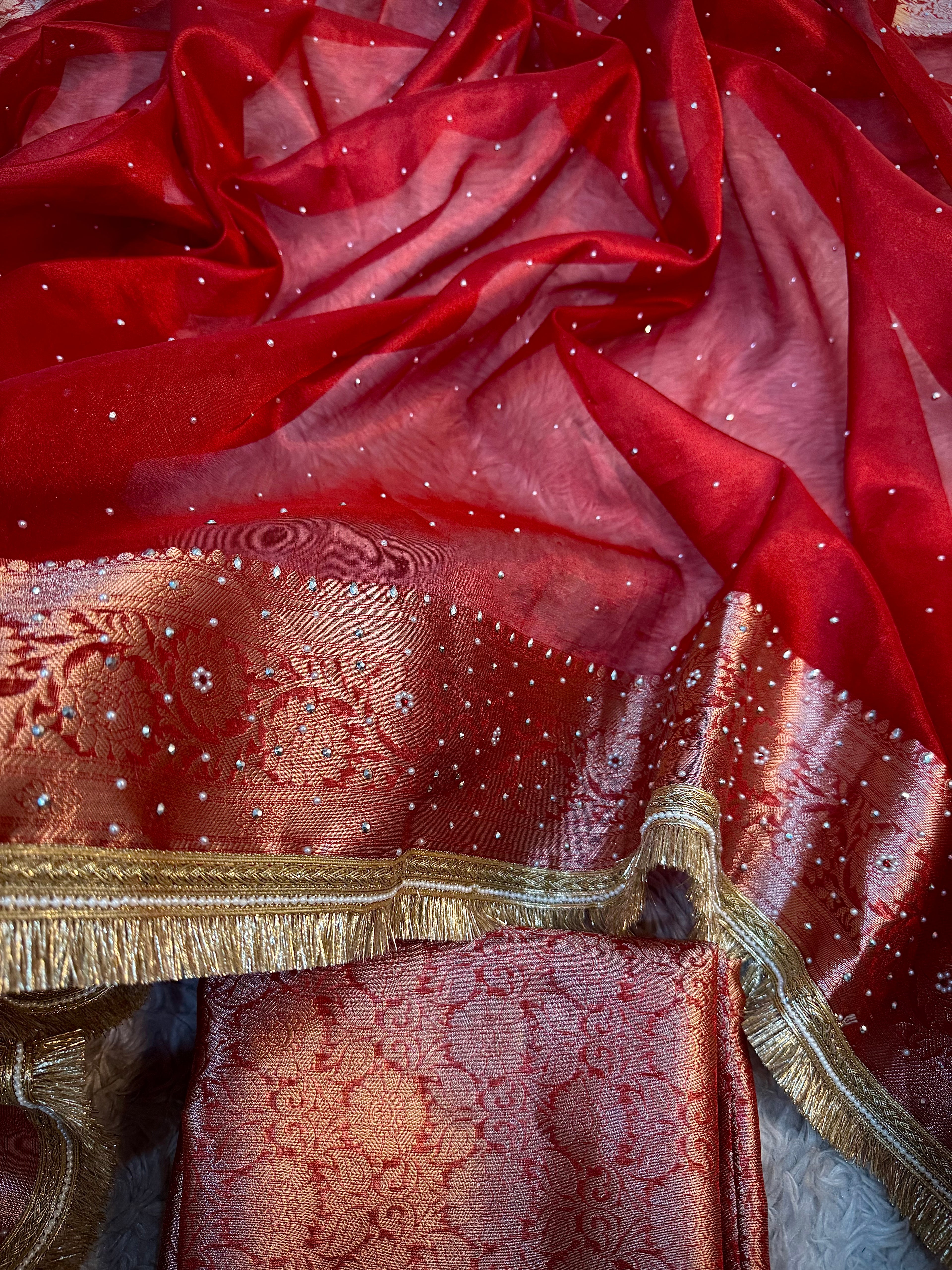 PREMIUM BRIDAL RED SOFT TISSUE SILK STONE WORK DESIGNER SAREE