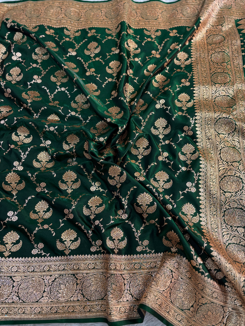 LUXURIOUS BOTTLE GREEN SATIN KATAN SILK SAREE WITH PREMIUM SWAROSKI WORK