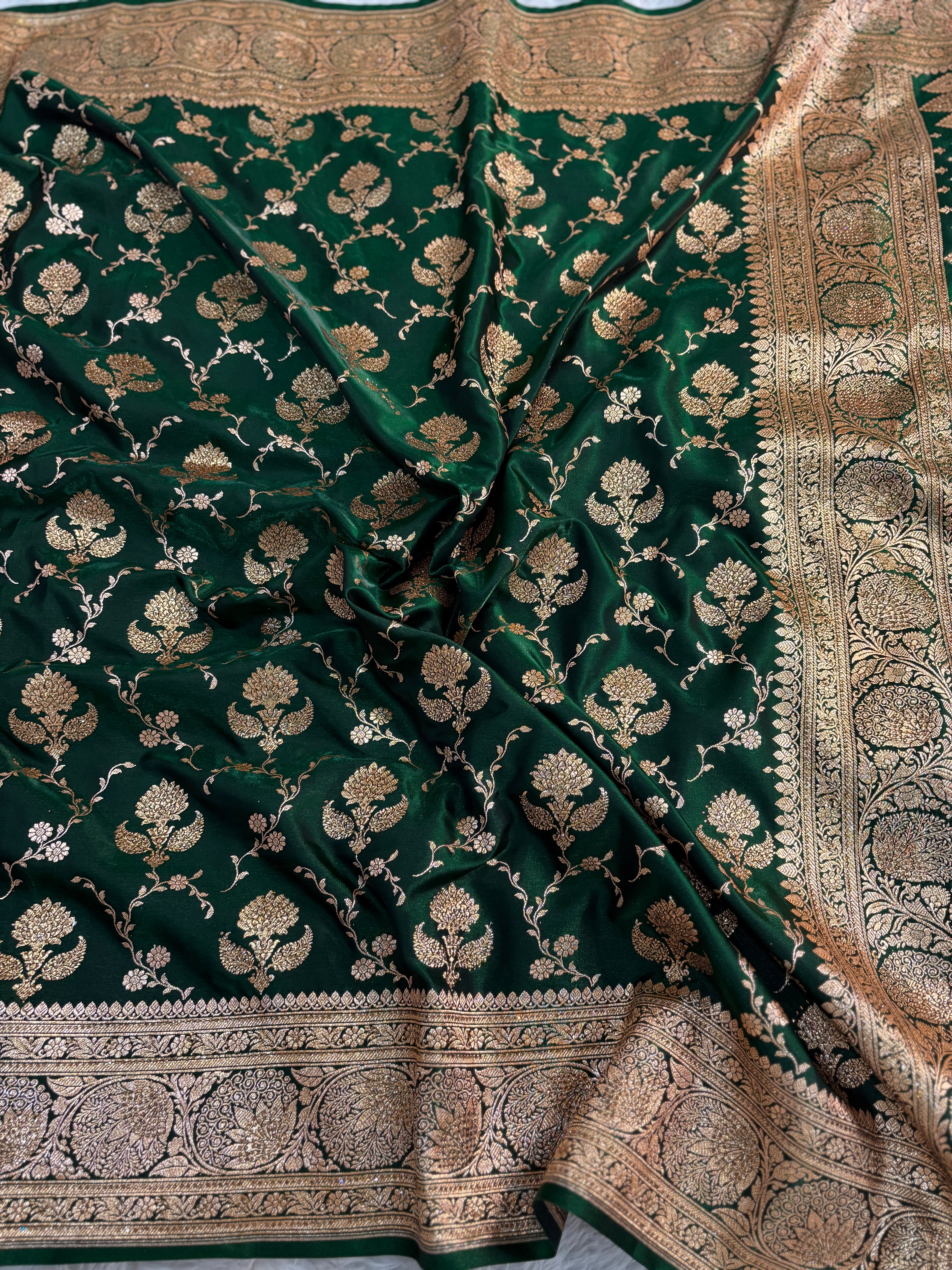 LUXURIOUS BOTTLE GREEN SATIN KATAN SILK SAREE WITH PREMIUM SWAROSKI WORK