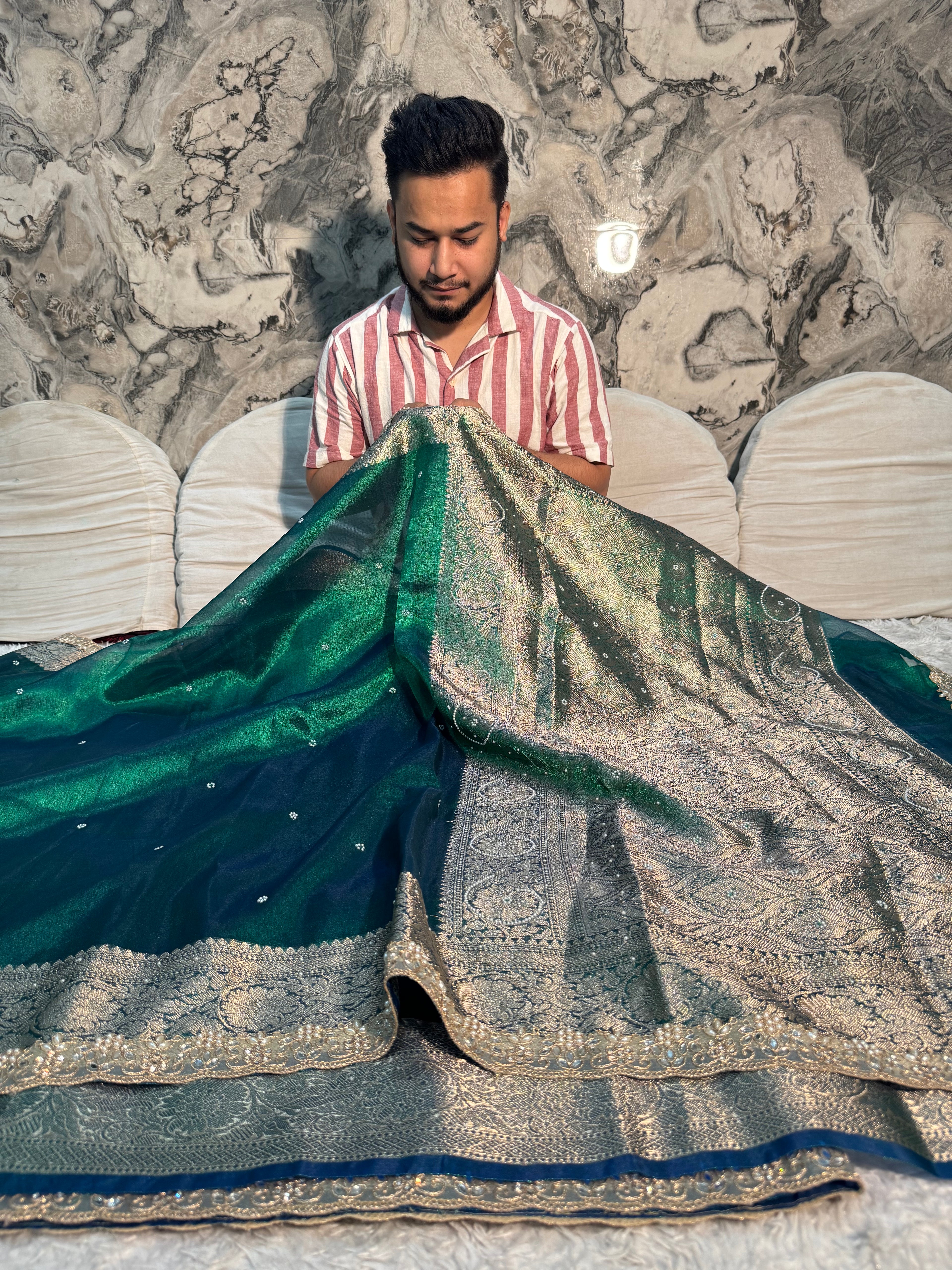 EXCLUSIVE PEACOCK GREEN SHADE SOFT TISSUE SILK SAREE DESIGNER HAND STONE WORK AND LACE ATTACHED