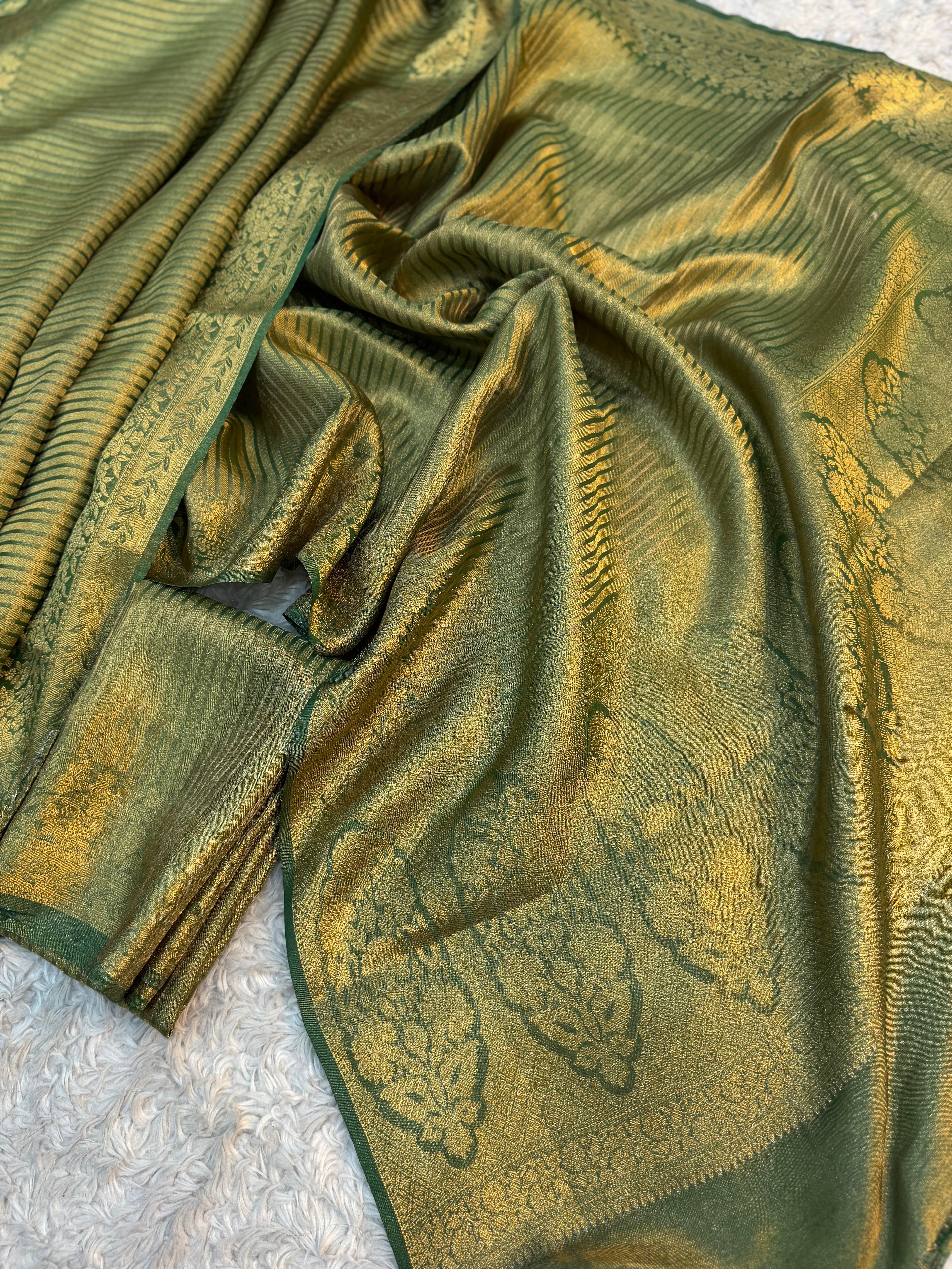 PREMIUM BOTTLE GREEN SHADE SOFT KATAN TISSUE SILK SAREE