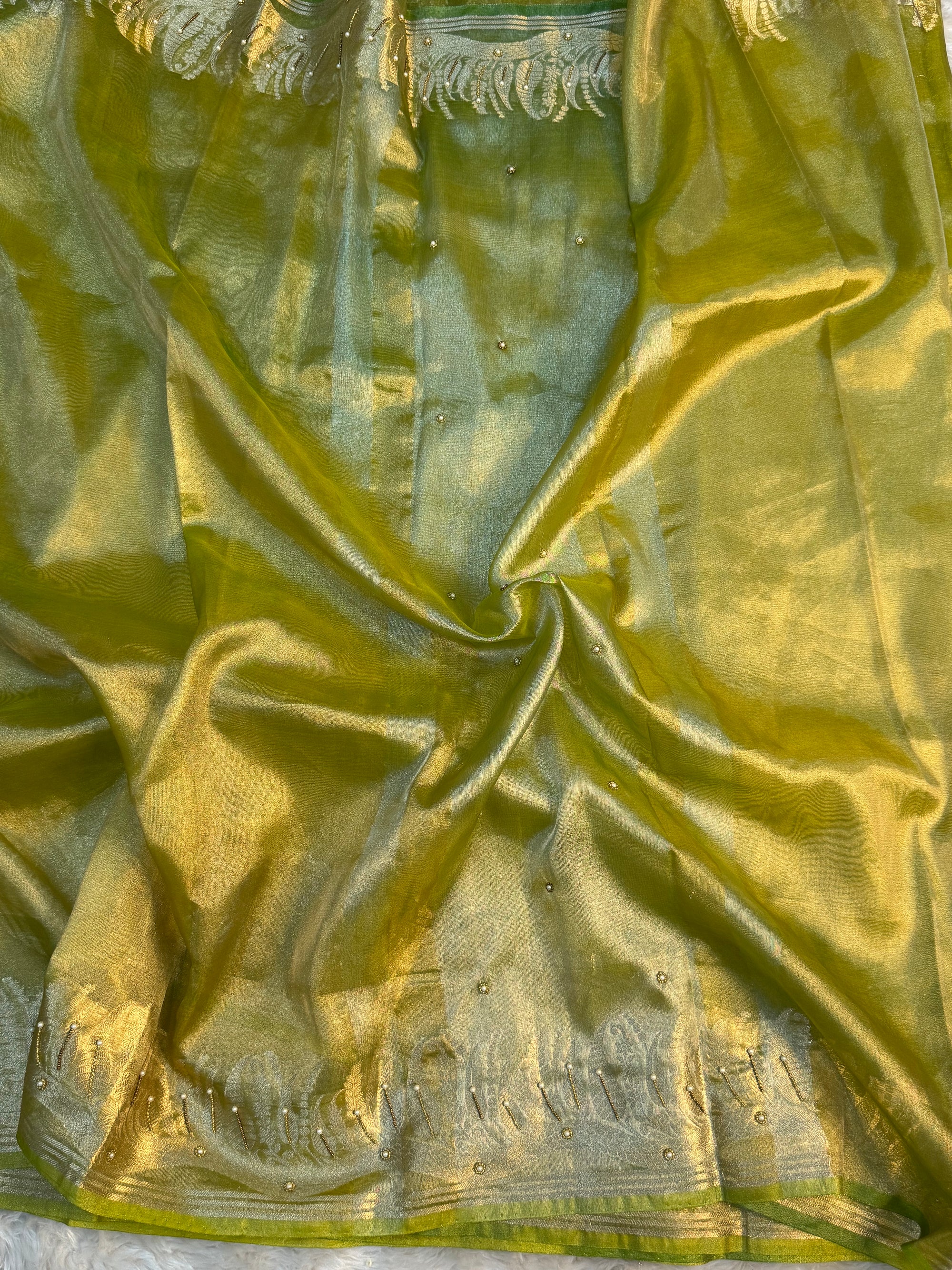 PREMIUM PISTA GREEN SHADE HANDWORK TISSUE SILK CUTWORK SAREE