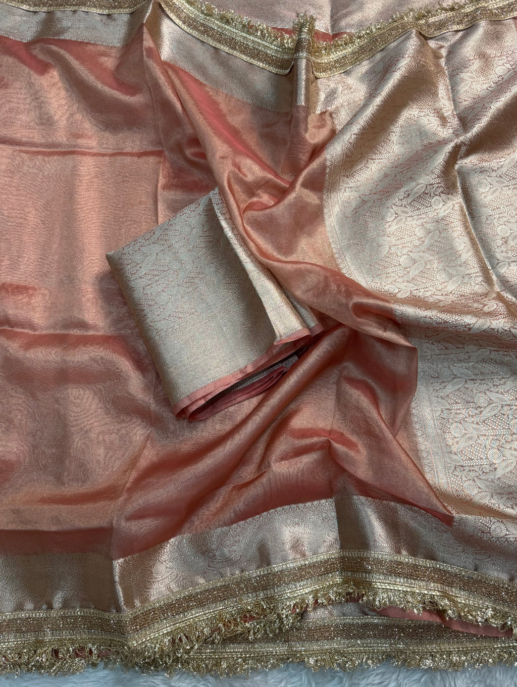 PREMIUM PEACH SHADE SOFT TISSUE SILK SAREE WITH LACE ATTACHED