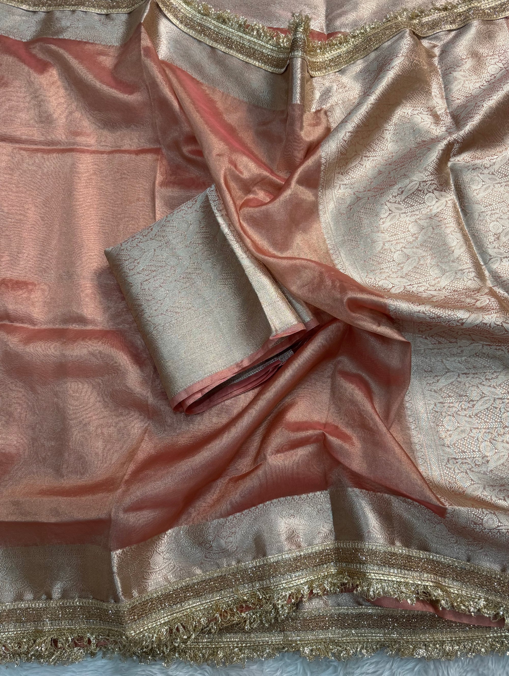 PREMIUM PEACH SHADE SOFT TISSUE SILK SAREE WITH LACE ATTACHED