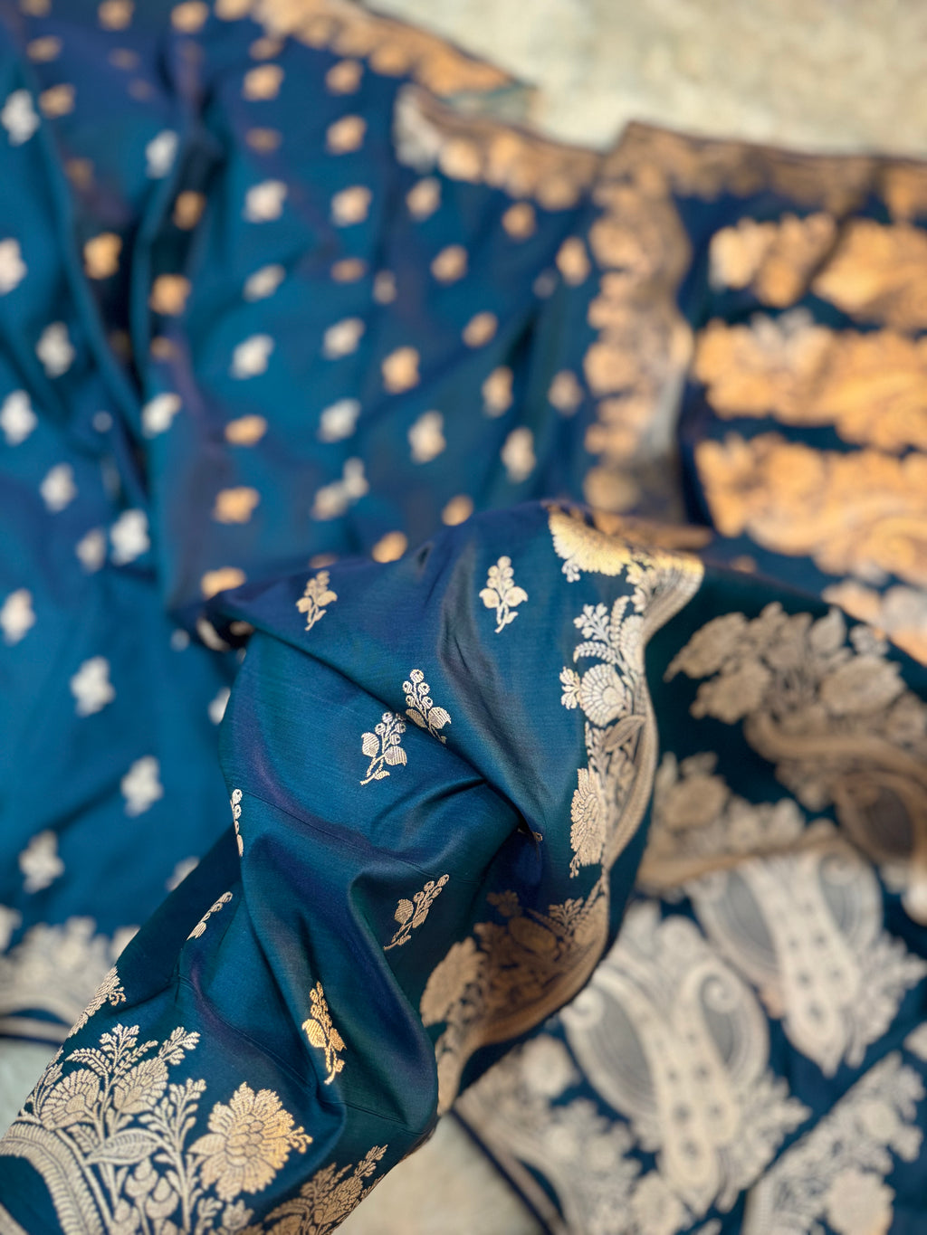 PREMIUM GERMAN BLUE SHADE SATIN MASHRU KATAN SILK SAREE