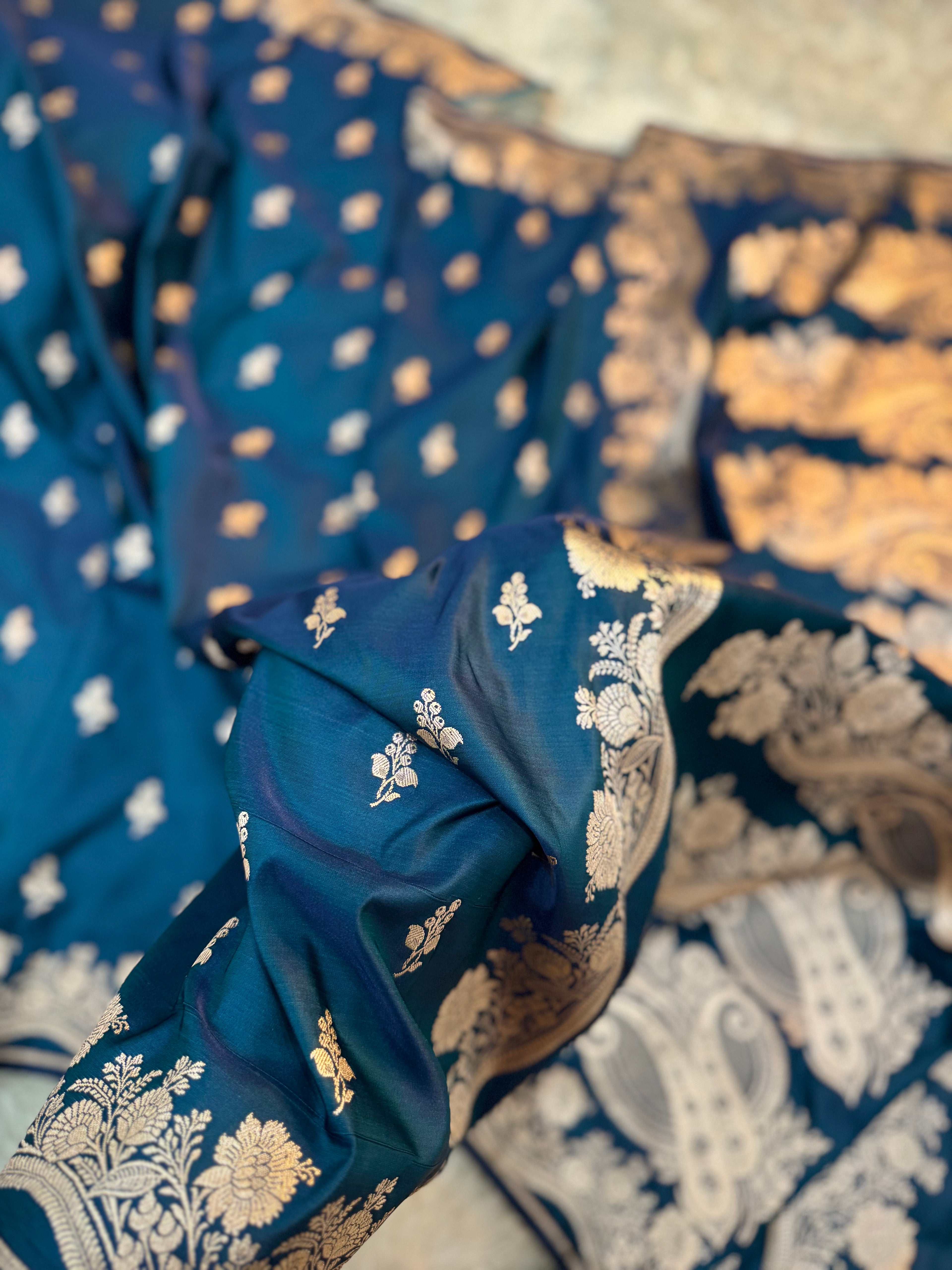 PREMIUM GERMAN BLUE SHADE SATIN MASHRU KATAN SILK SAREE