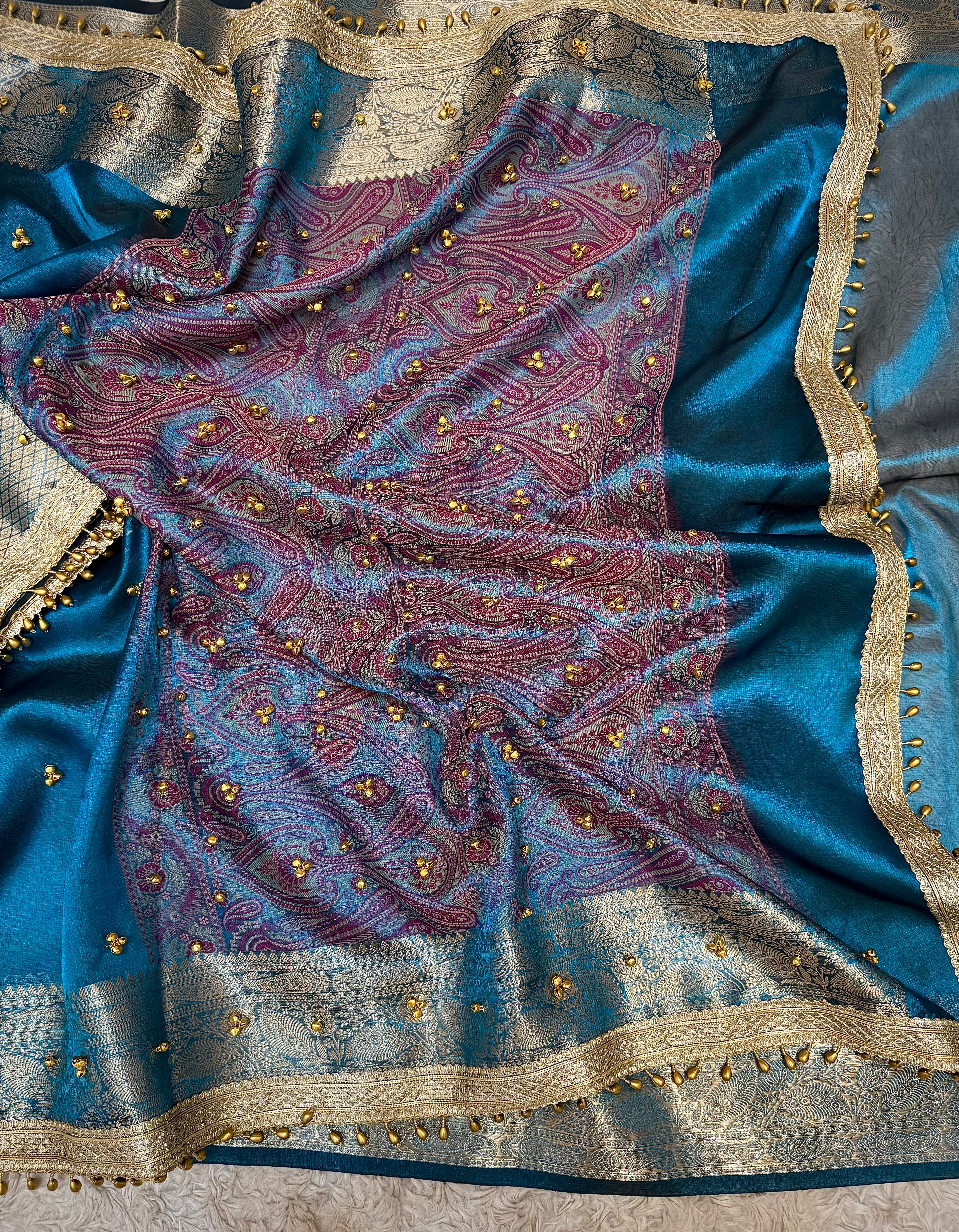PREMIUM GERMAN BLUE SHADE GHUNGROO WORK BANARASI TISSUE SILK SAREE