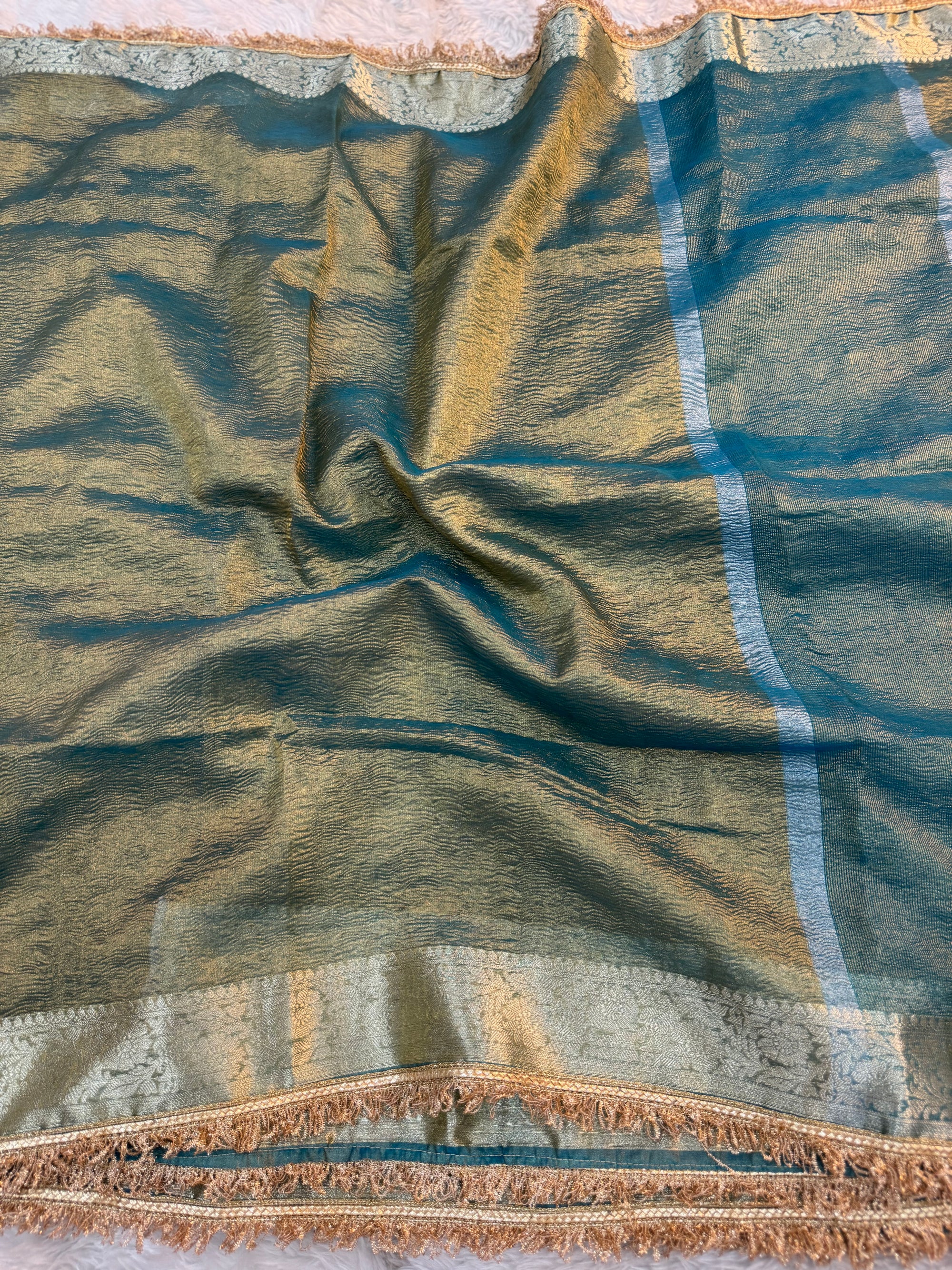 PREMIUM AQUA BLUE SHADE SOFT CRUSH TISSUE SILK SAREE WITH LACE ATTACHED