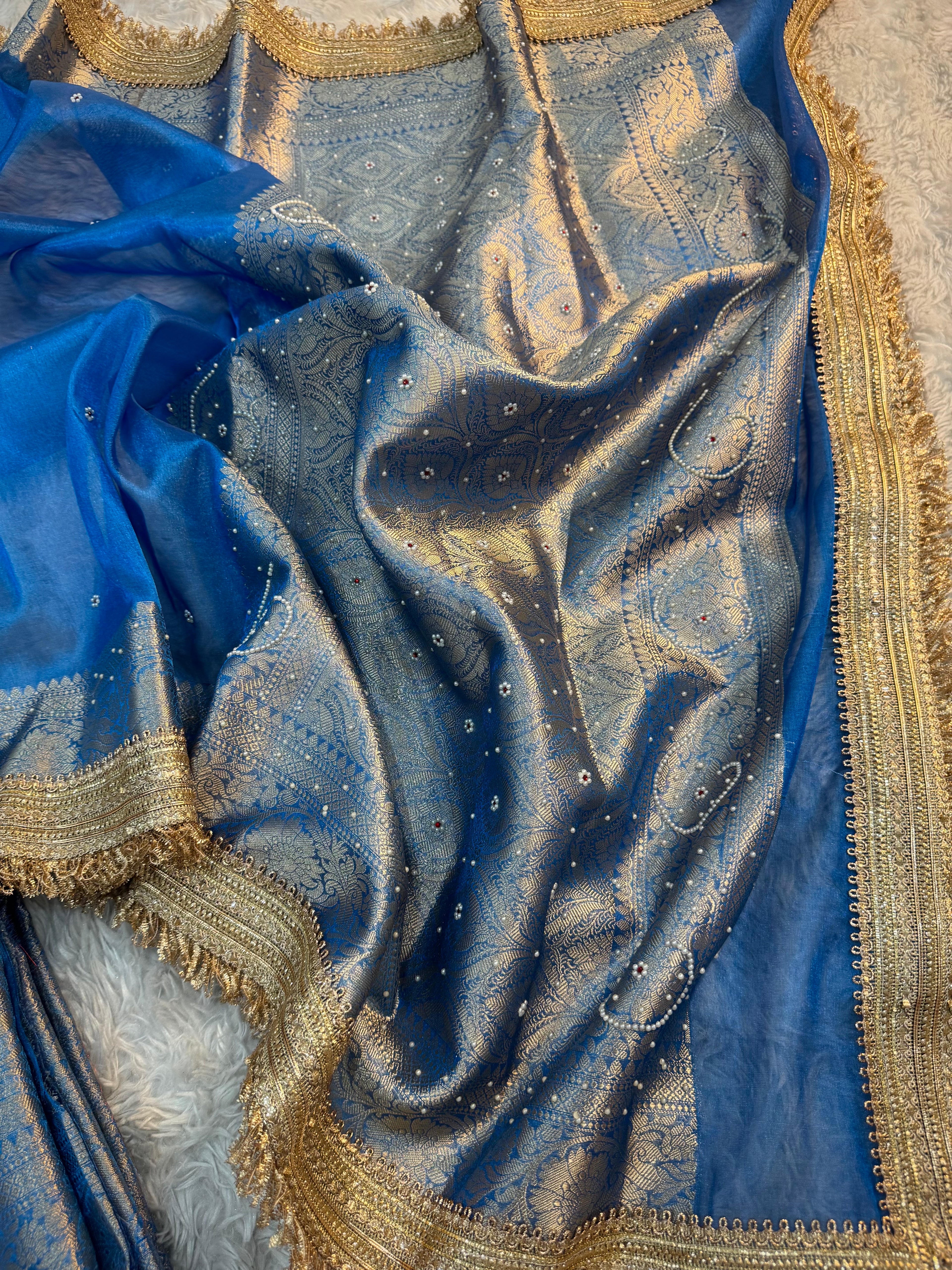 PREMIUM BLUE SHADE SOFT TISSUE SILK SAREE STONE WORK WITH LACE ATTACHED