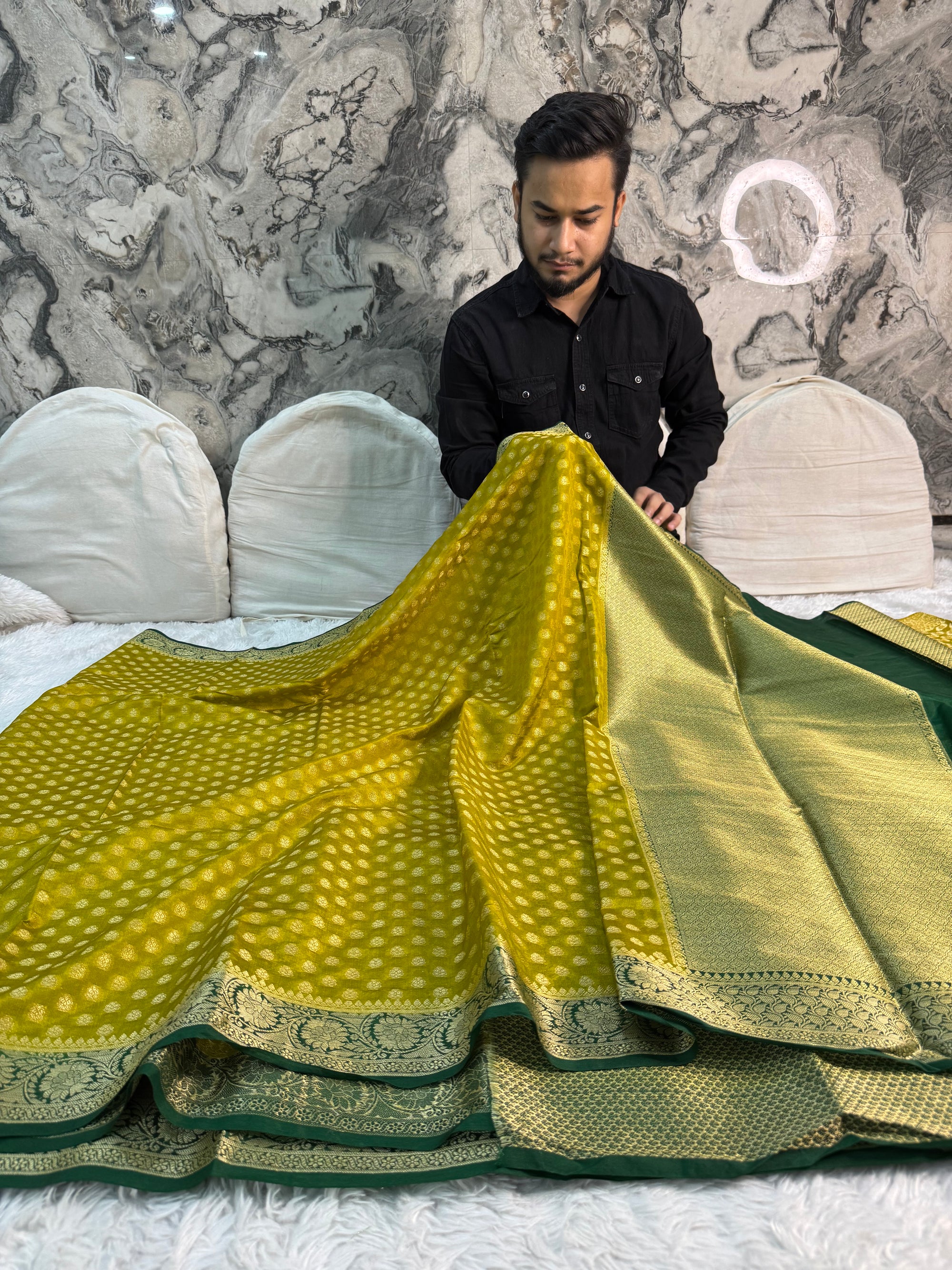 MUSTARD YELLOW AND GREEN SHADE GEORGETTE BANARASI SAREE