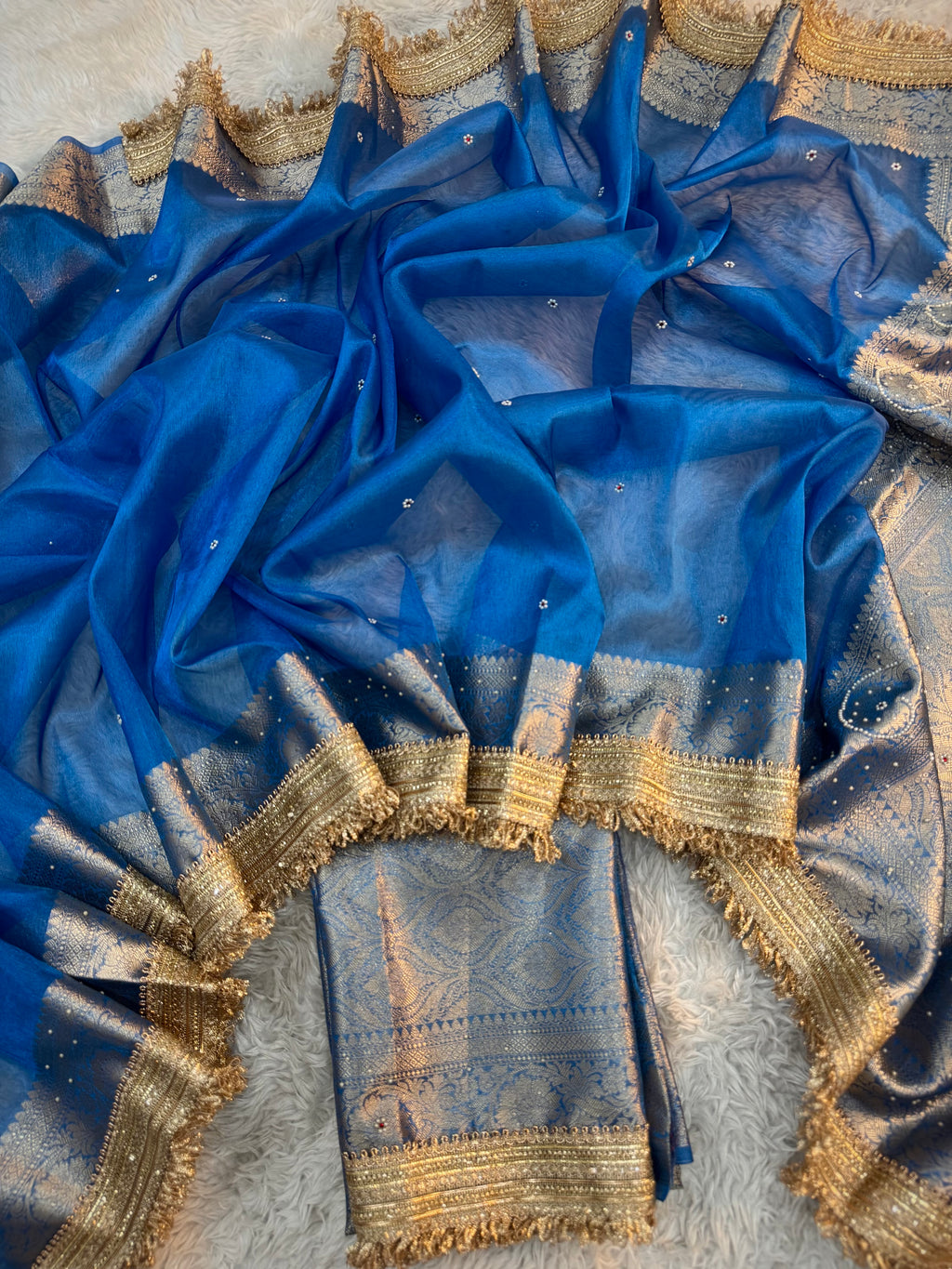PREMIUM BLUE SHADE SOFT TISSUE SILK SAREE STONE WORK WITH LACE ATTACHED