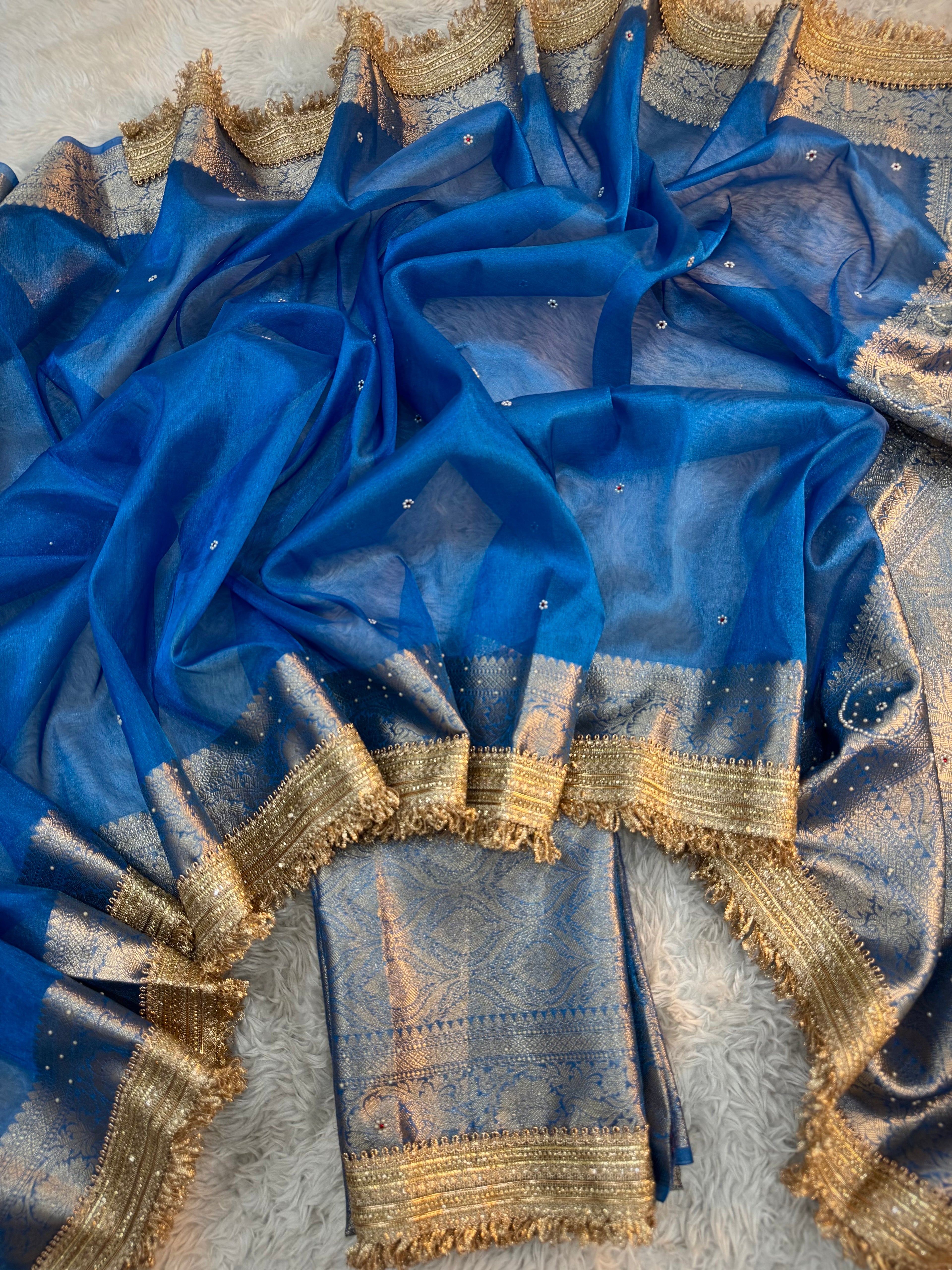 PREMIUM BLUE SHADE SOFT TISSUE SILK SAREE STONE WORK WITH LACE ATTACHED