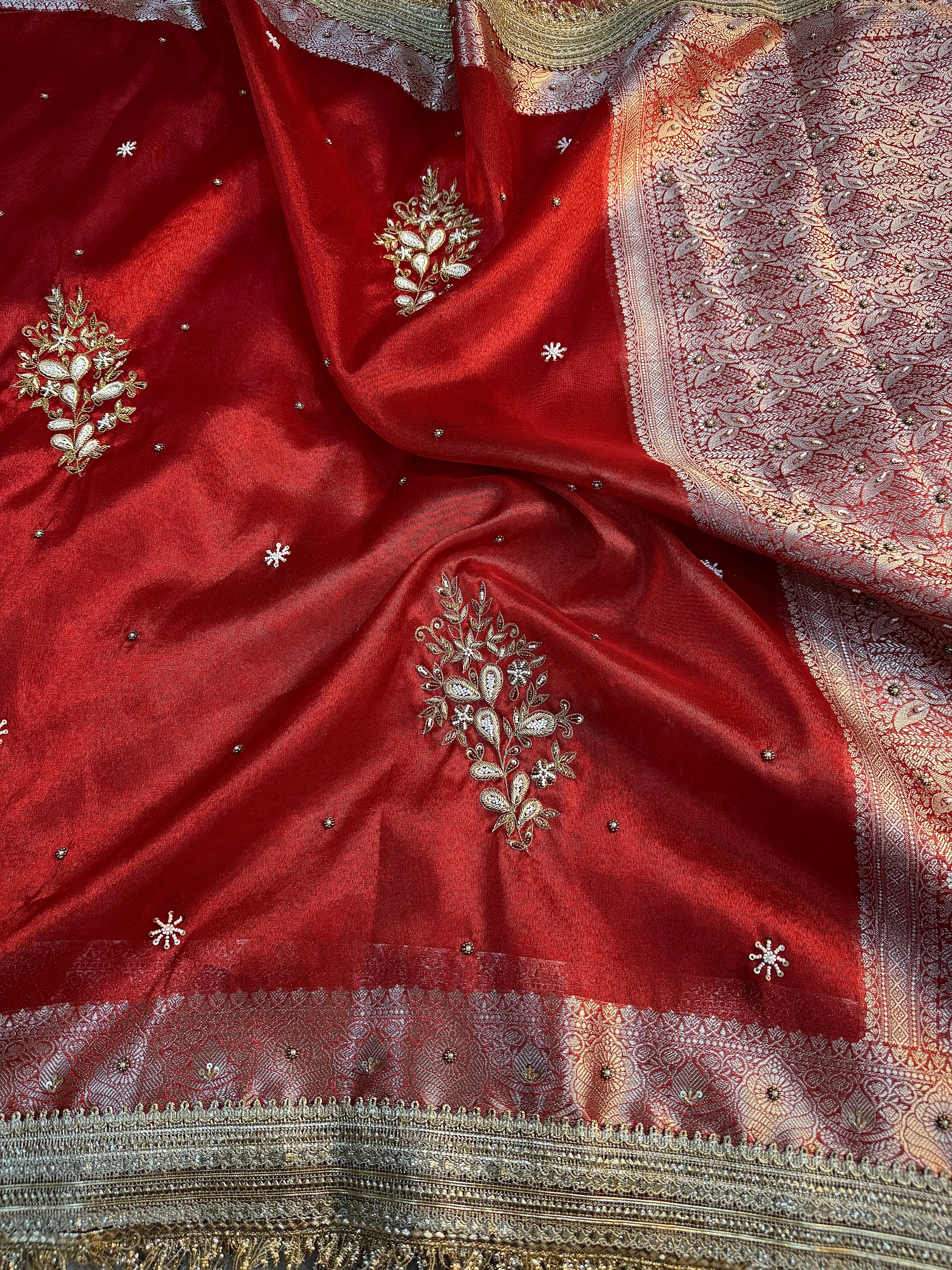 LUXURIOUS BRIDAL RED SHADE SOFT TISSUE SILK WITH PREMIUM ZARDOZI AND LACE WORK