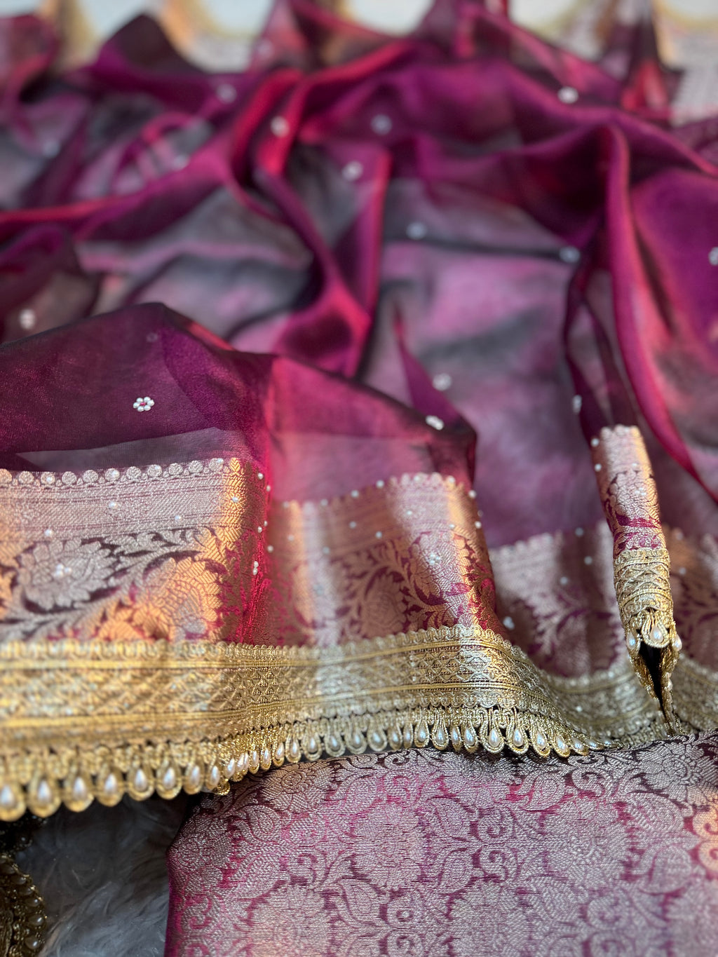 EXCLUSIVE HOT WINE SHADE SOFT TISSUE SILK SAREE DESIGNER HAND STONE WORK WITH LACE ATTACHED