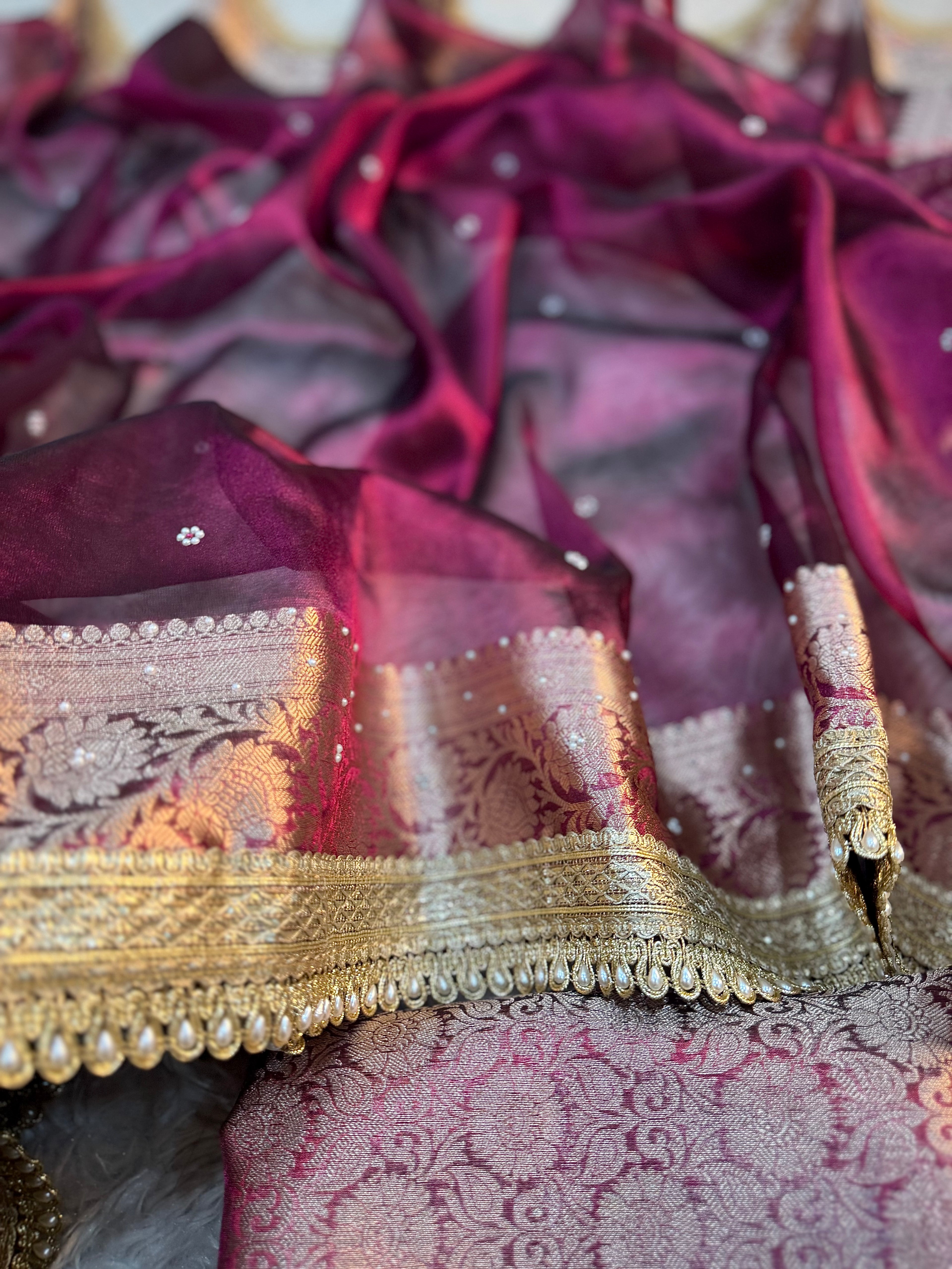 EXCLUSIVE HOT WINE SHADE SOFT TISSUE SILK SAREE DESIGNER HAND STONE WORK WITH LACE ATTACHED