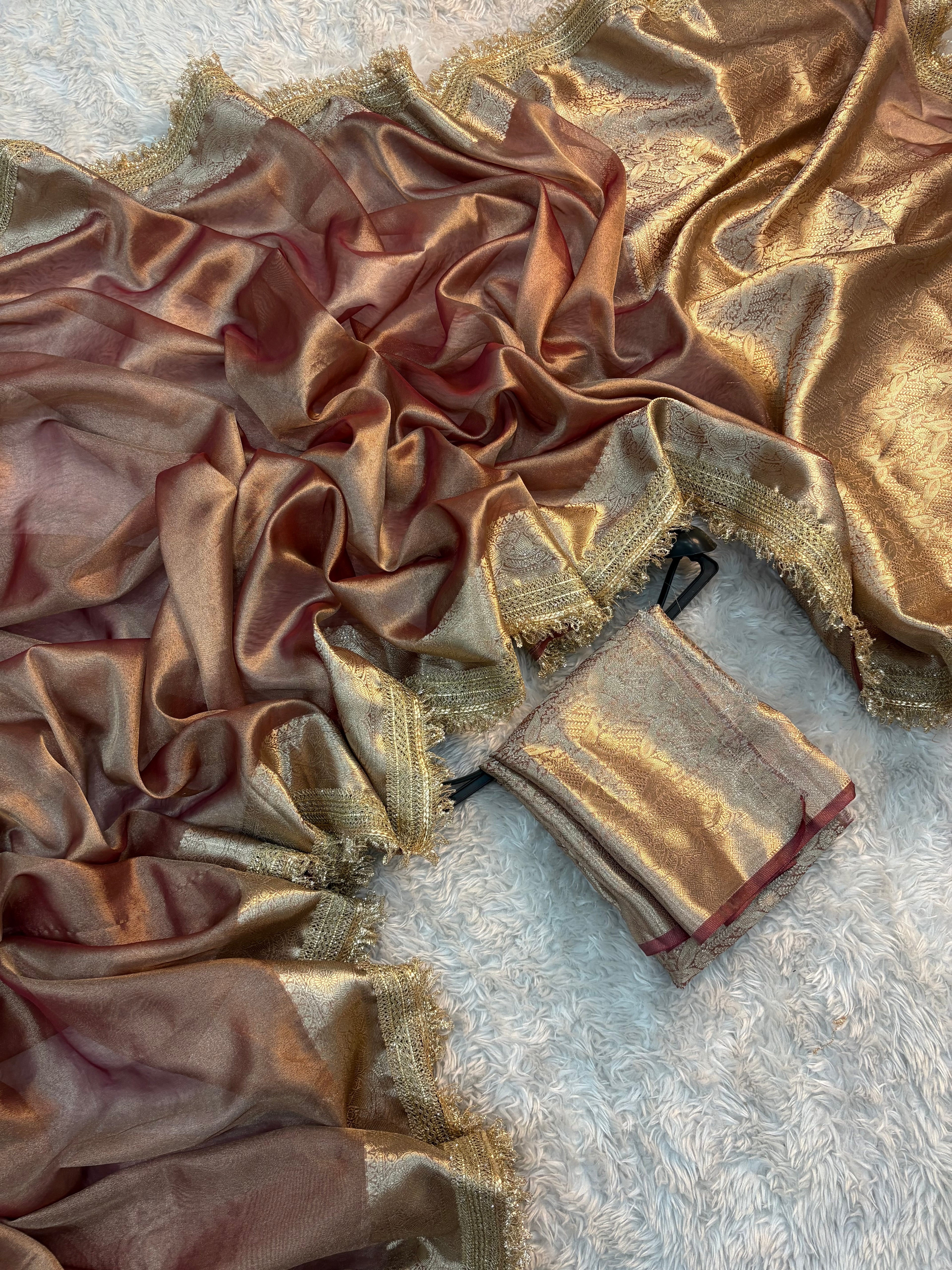 PREMIUM BRONZED GLOW  SHADE SOFT TISSUE SILK SAREE WITH LACE ATTACHED