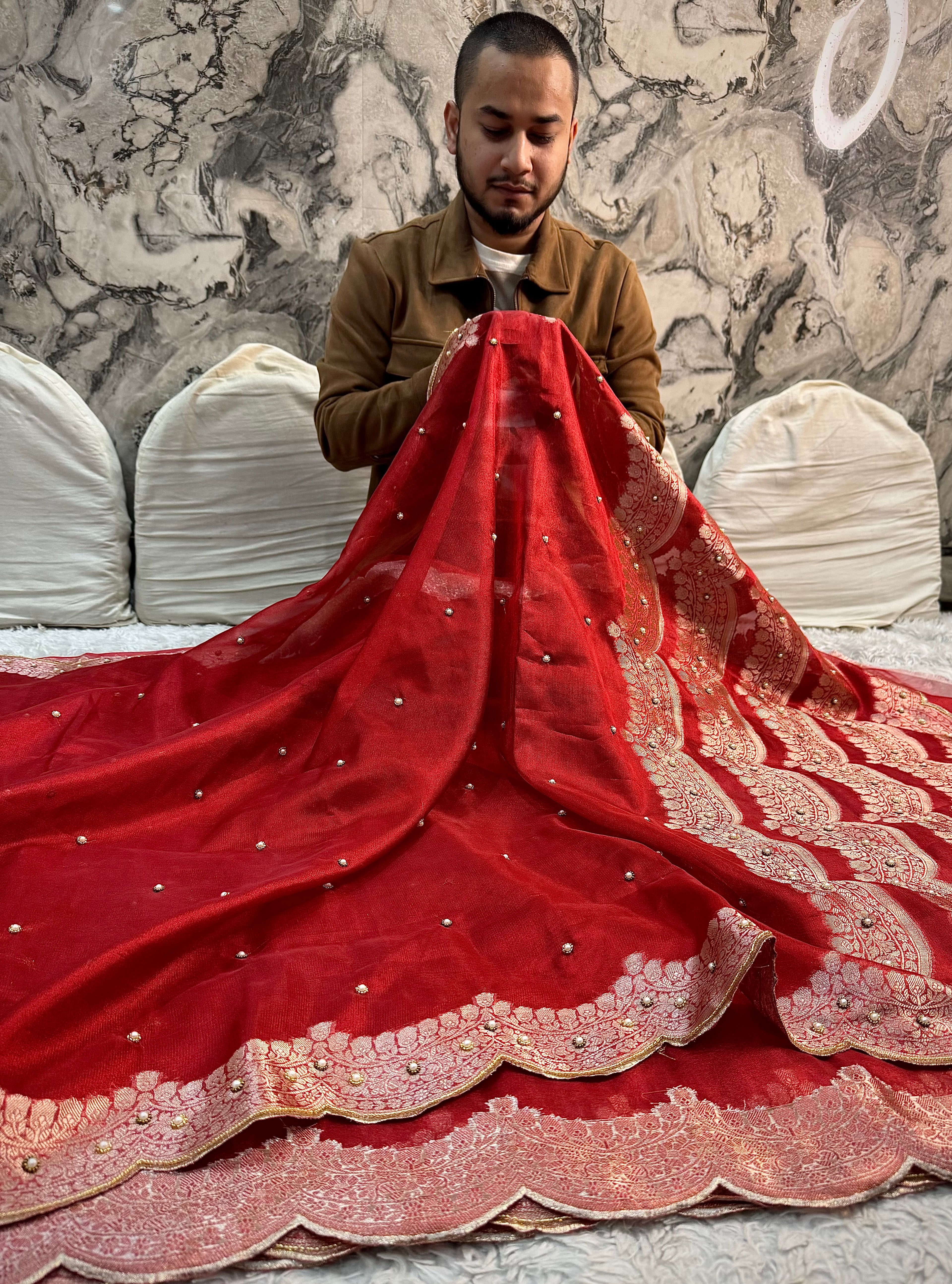 PREMIUM RED SHADE HANDWORK TISSUE SILK CUTWORK SAREE