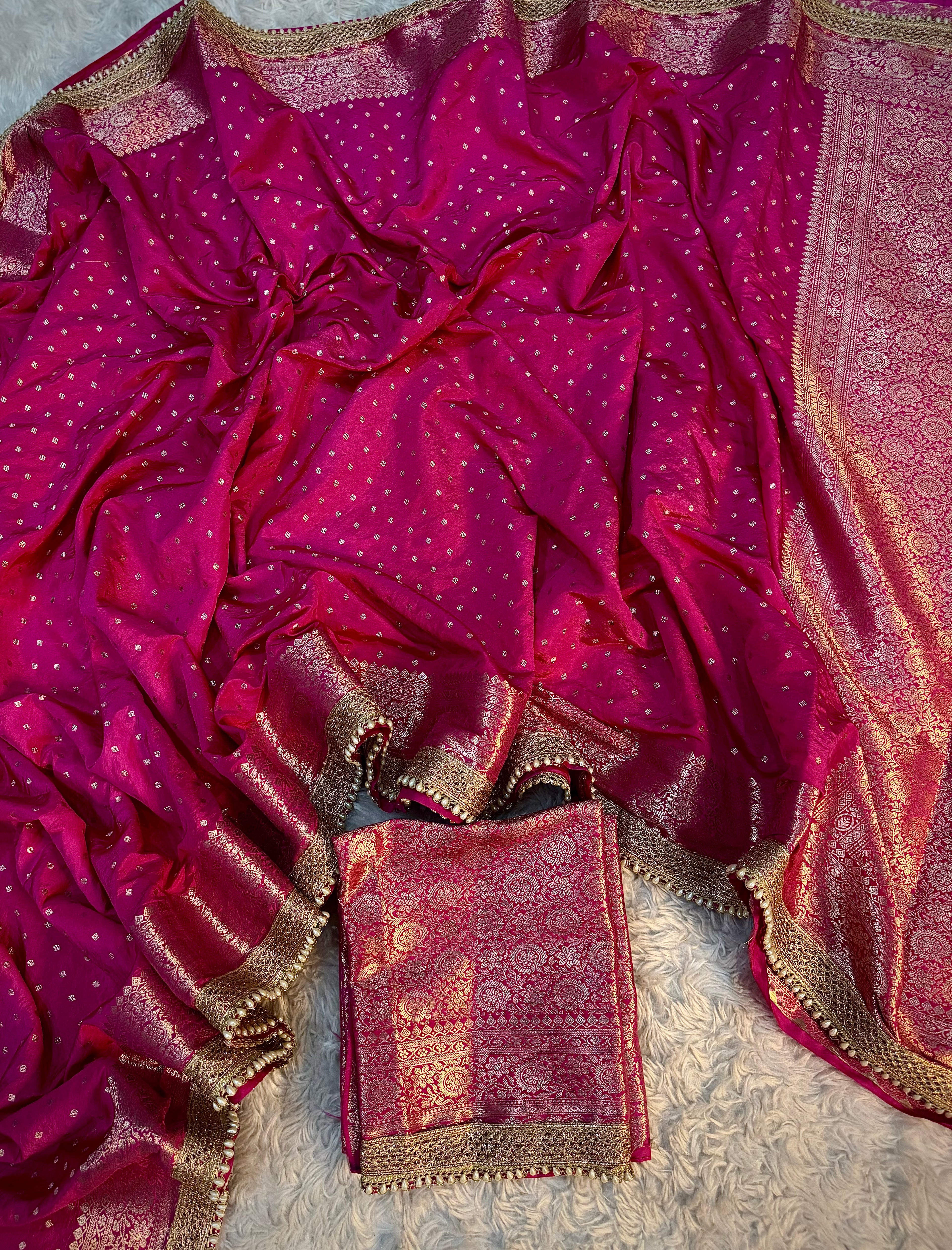 PREMIUM RANI SHADE GEORGETTE KATAN SILK SAREE WITH MOTI LACE ATTACHED