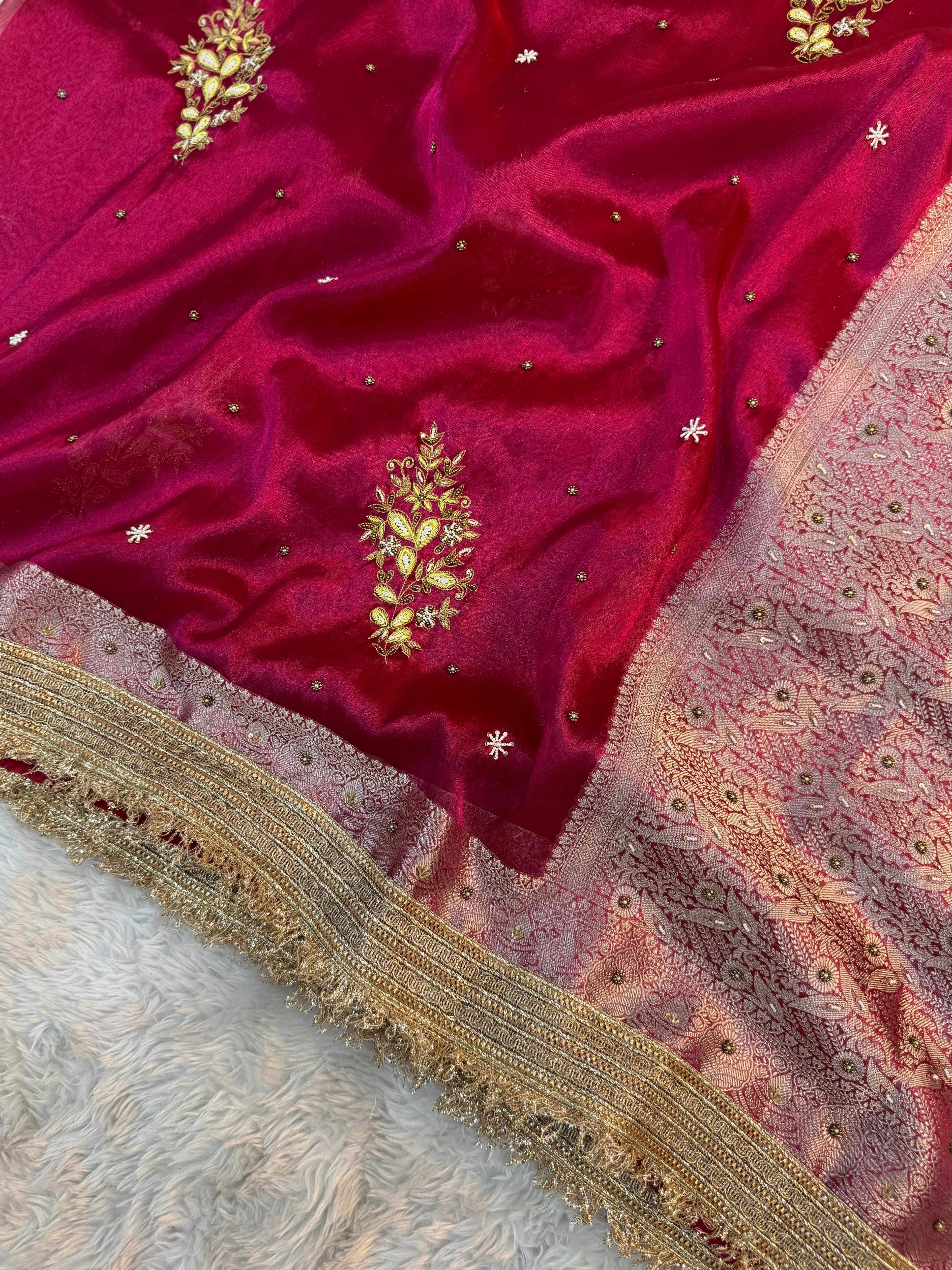 LUXURIOUS RANI SHADE SOFT TISSUE SILK WITH PREMIUM ZARDOZI AND LACE WORK