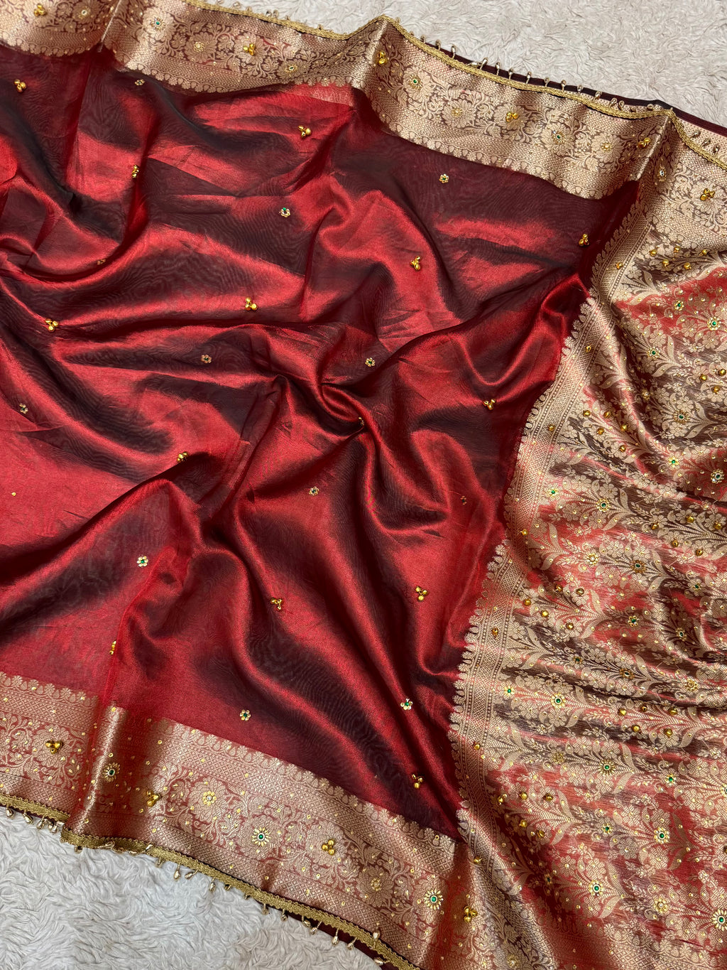 PREMIUM MAROON SHADE GHUNGROO WORK SOFT BANARASI TISSUE SILK DESIGNER SAREE