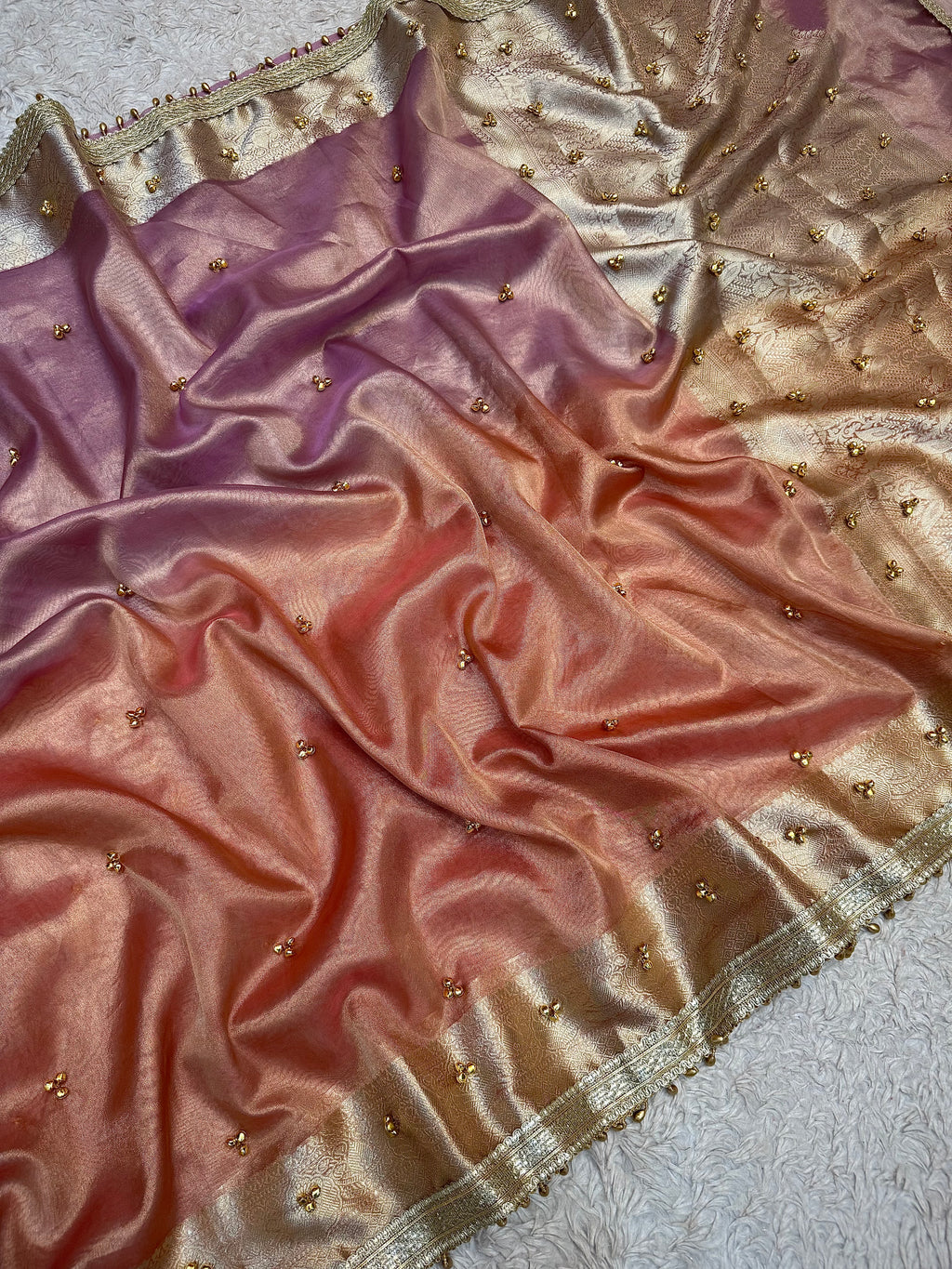 PREMIUM LAVENDER & PEACH SOFT BANARASI TISSUE SILK GHUNGROO WORK SAREE